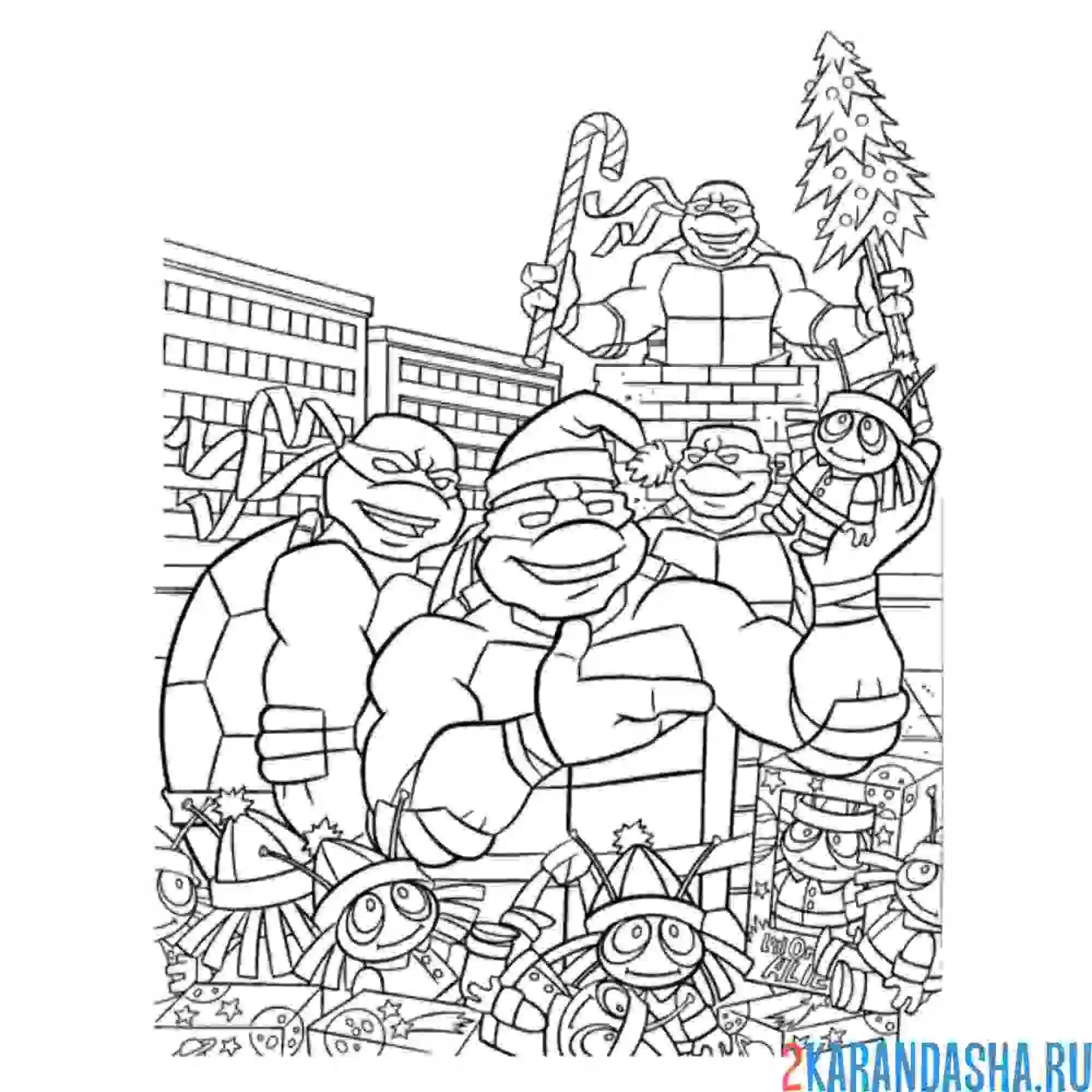 Раскраска новогодние черепашки-ниндзя