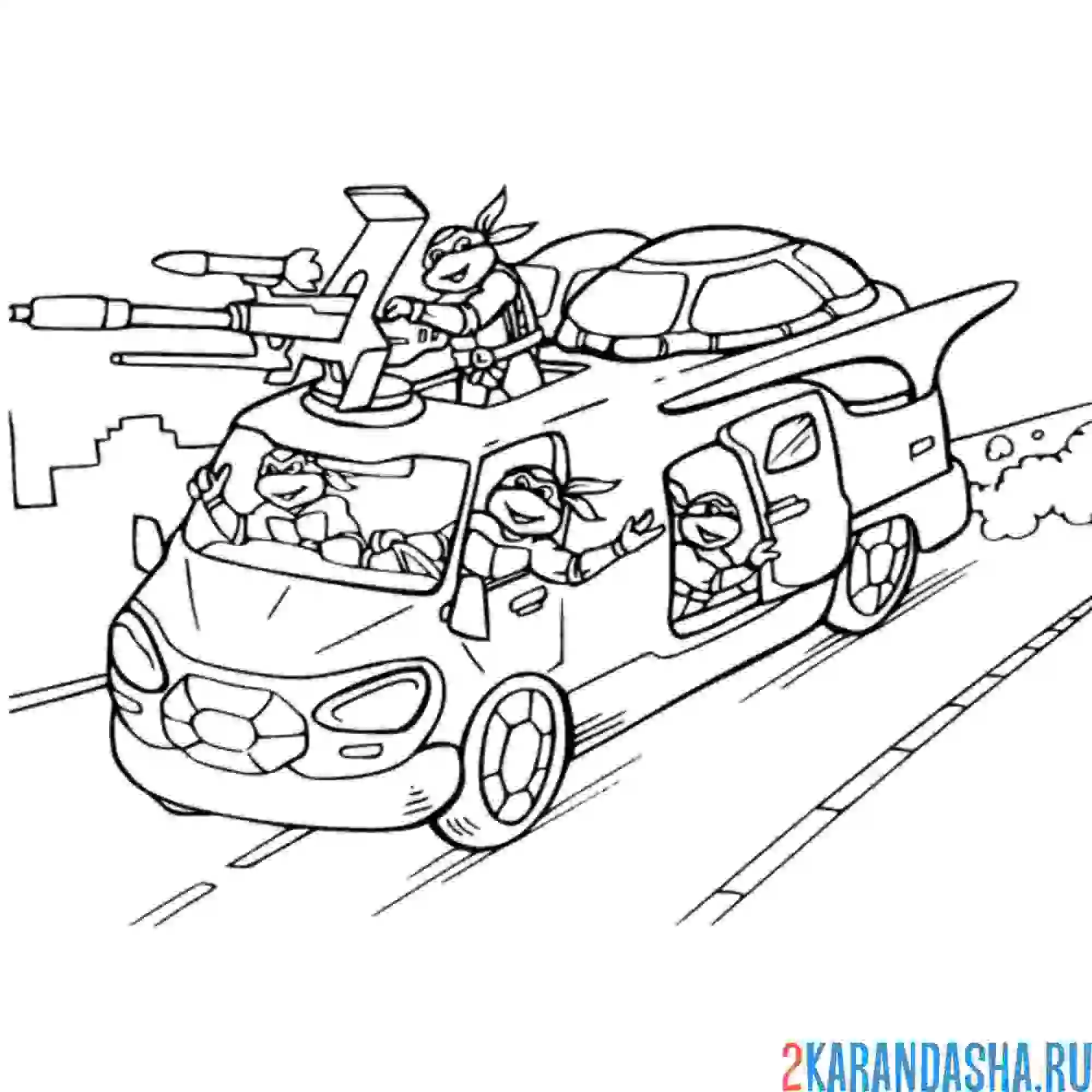 Раскраска черепашки-ниндзя в машине
