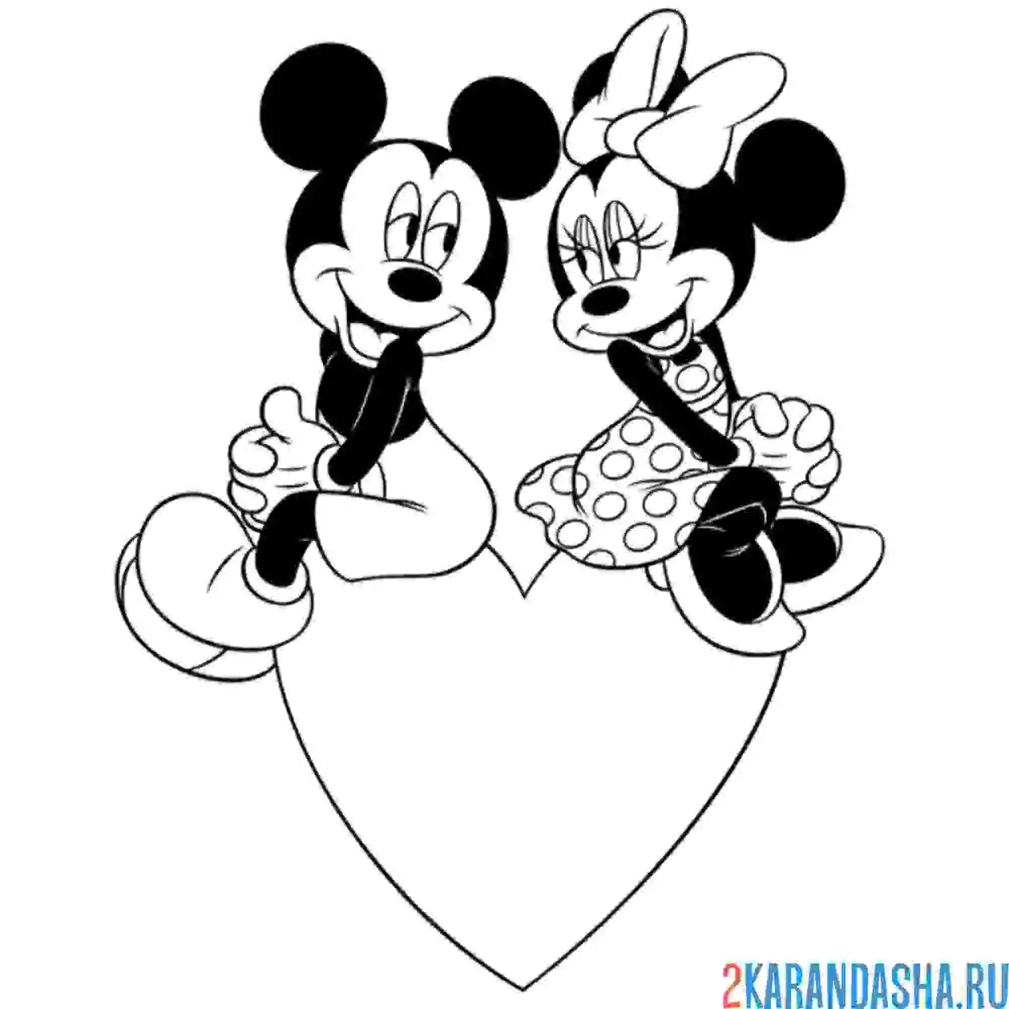 Раскраска микки и минни на сердце
