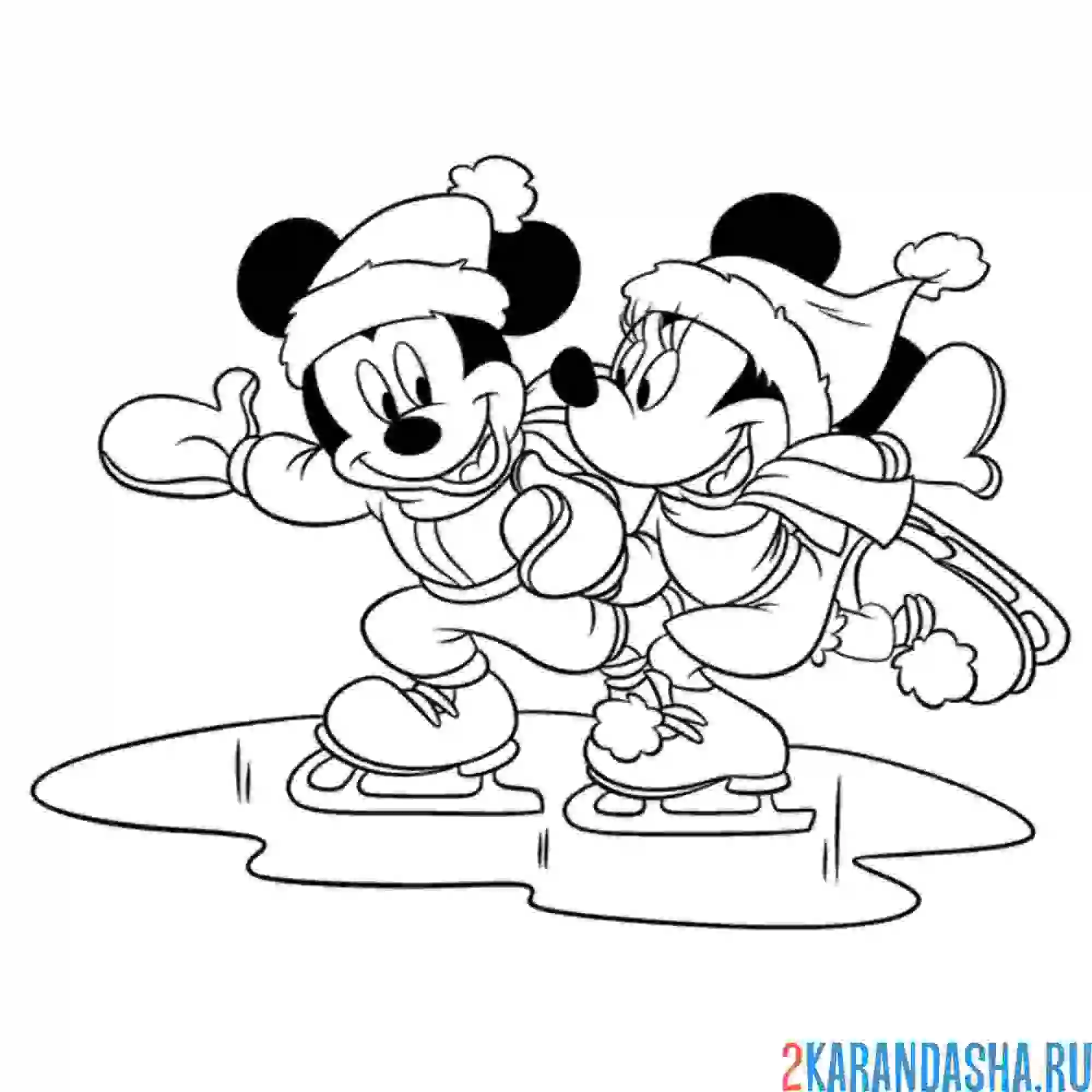 Раскраска микки и минни маус катаются на коньках
