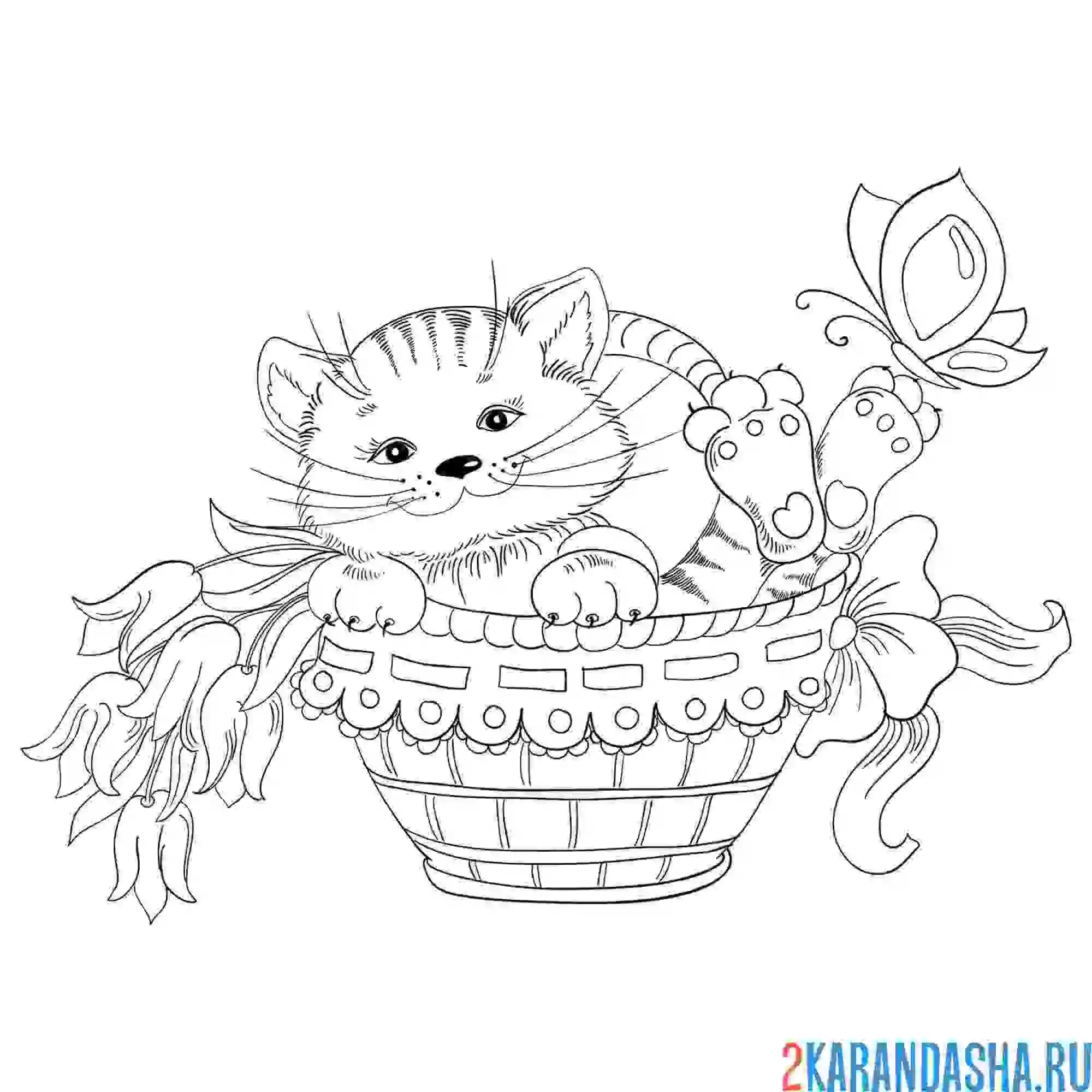 Раскраска котенок с бабочкой в корзине