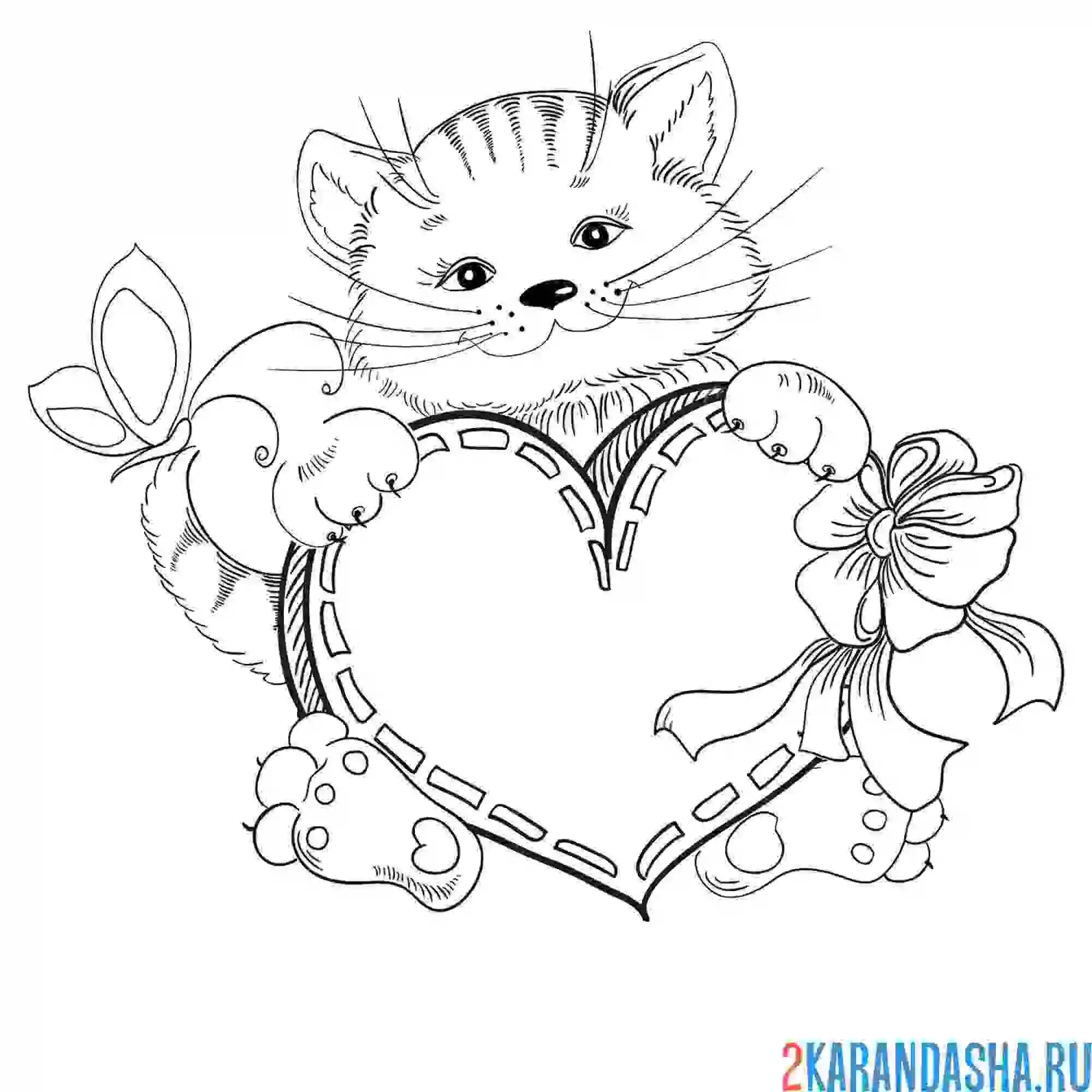 Раскраска котенок с сердечком