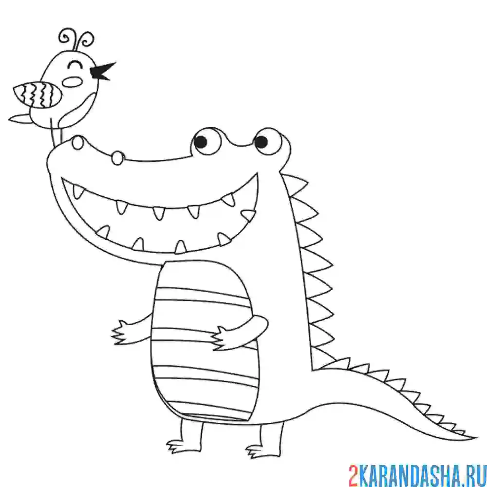 Раскраска крокодил с птичкой