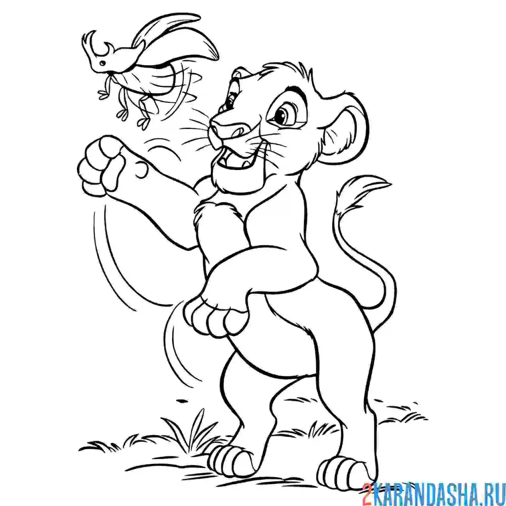 Раскраска львенок симба играет. короле лев мультфильм