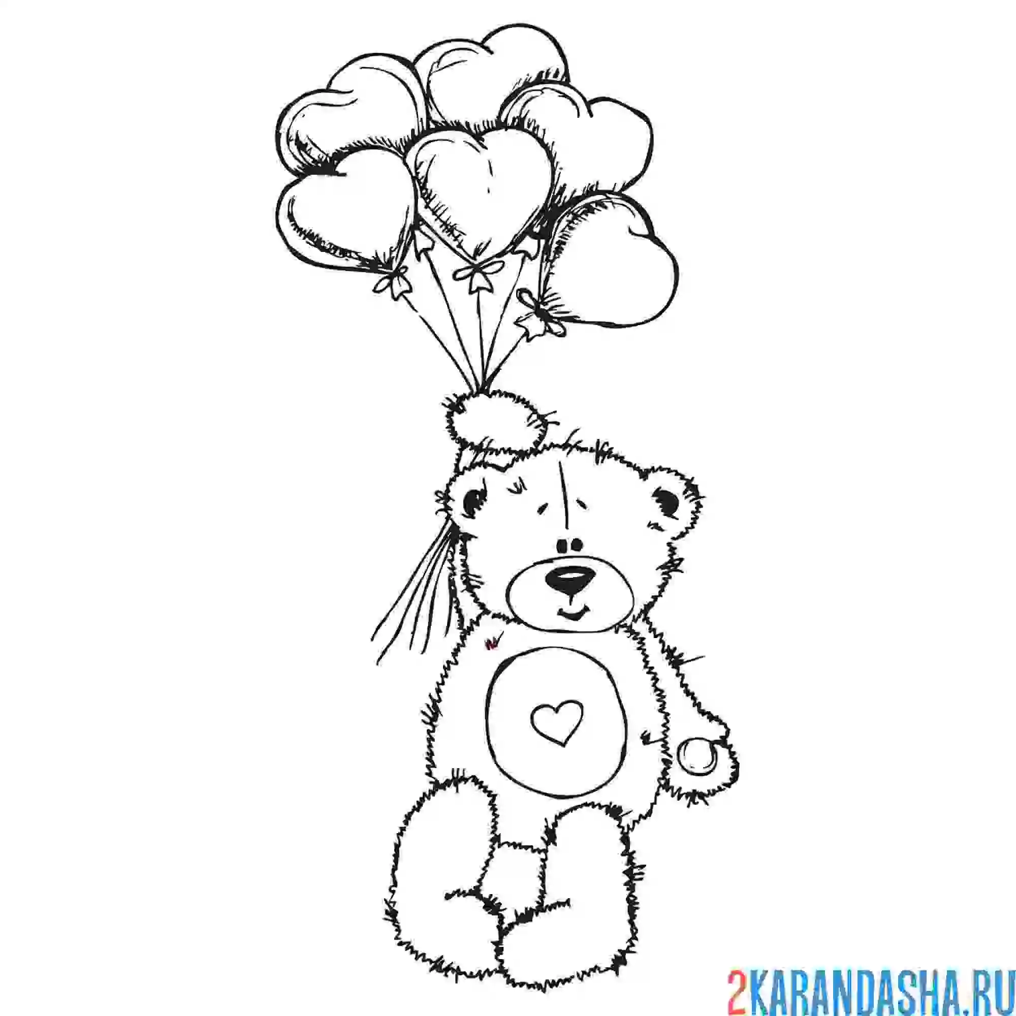 Раскраска плюшевый мишка с сердечком и шариками