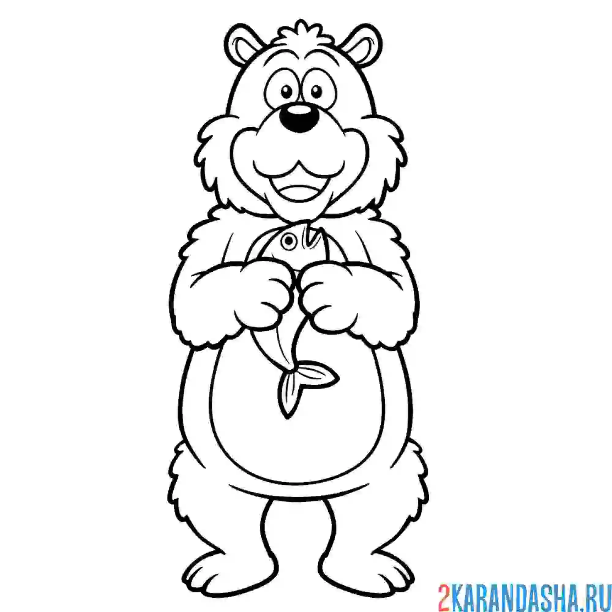 Раскраска красивый милый медведь с рыбкой