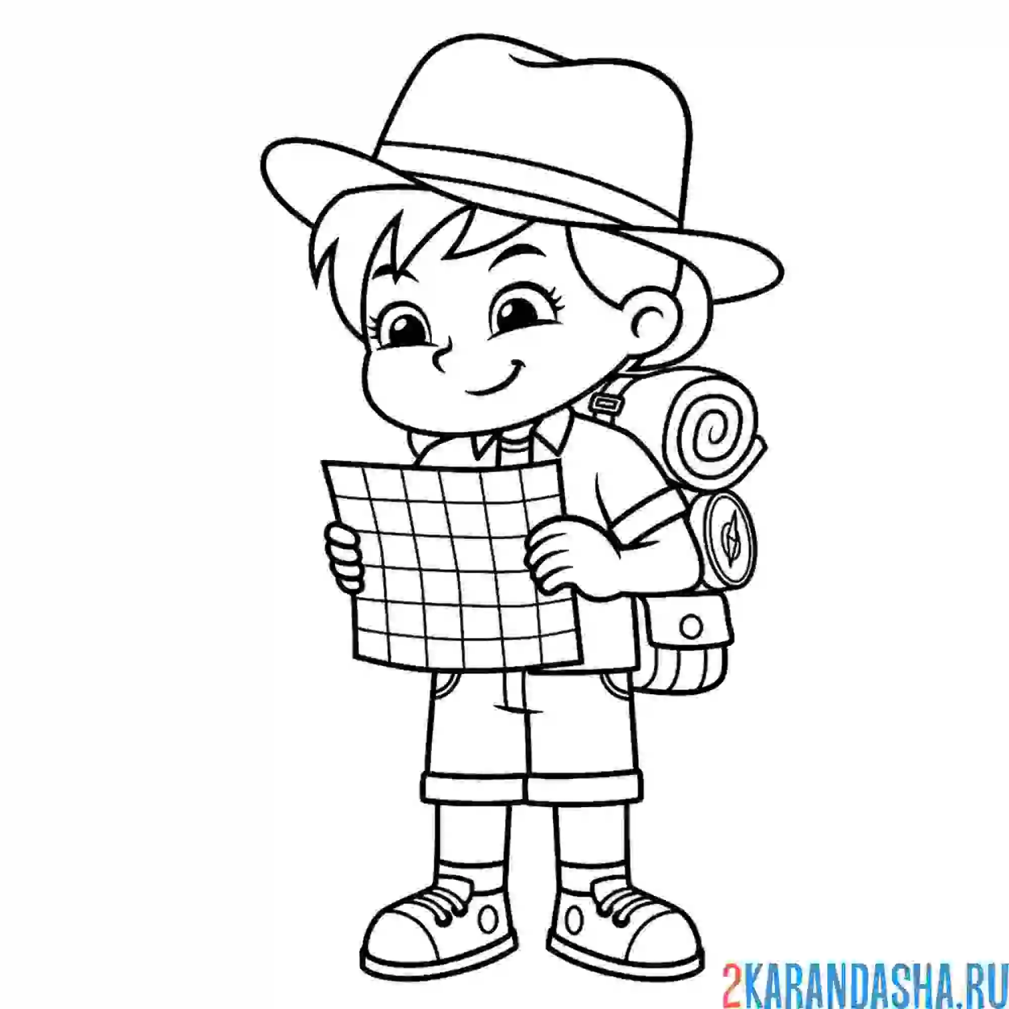 Раскраска мальчик турист с картой