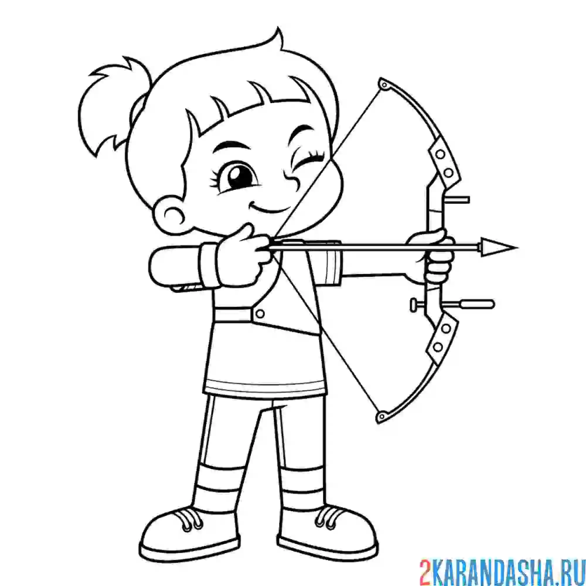 Раскраска девочка стреляет из арбалета