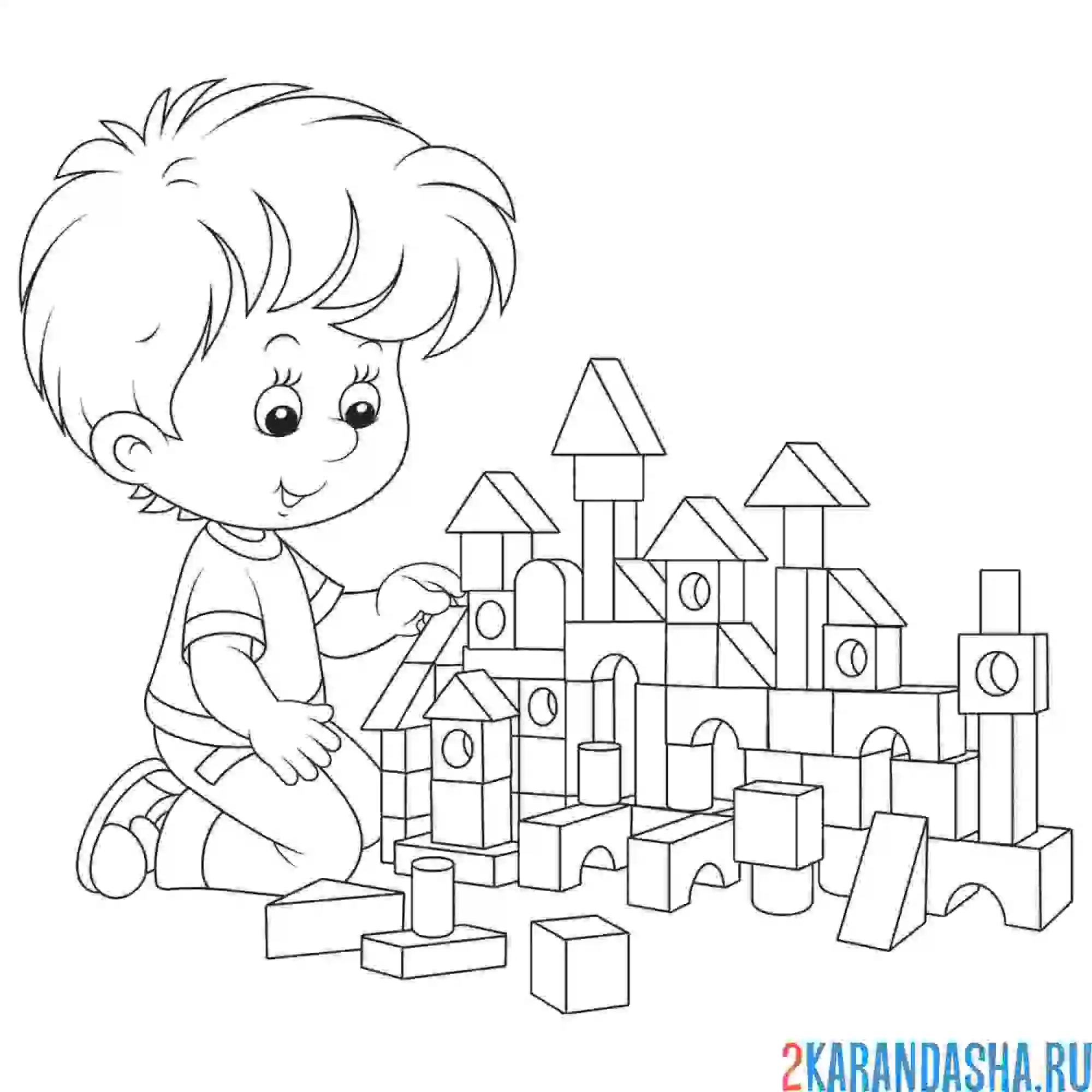 Раскраска мальчик играет в кубики