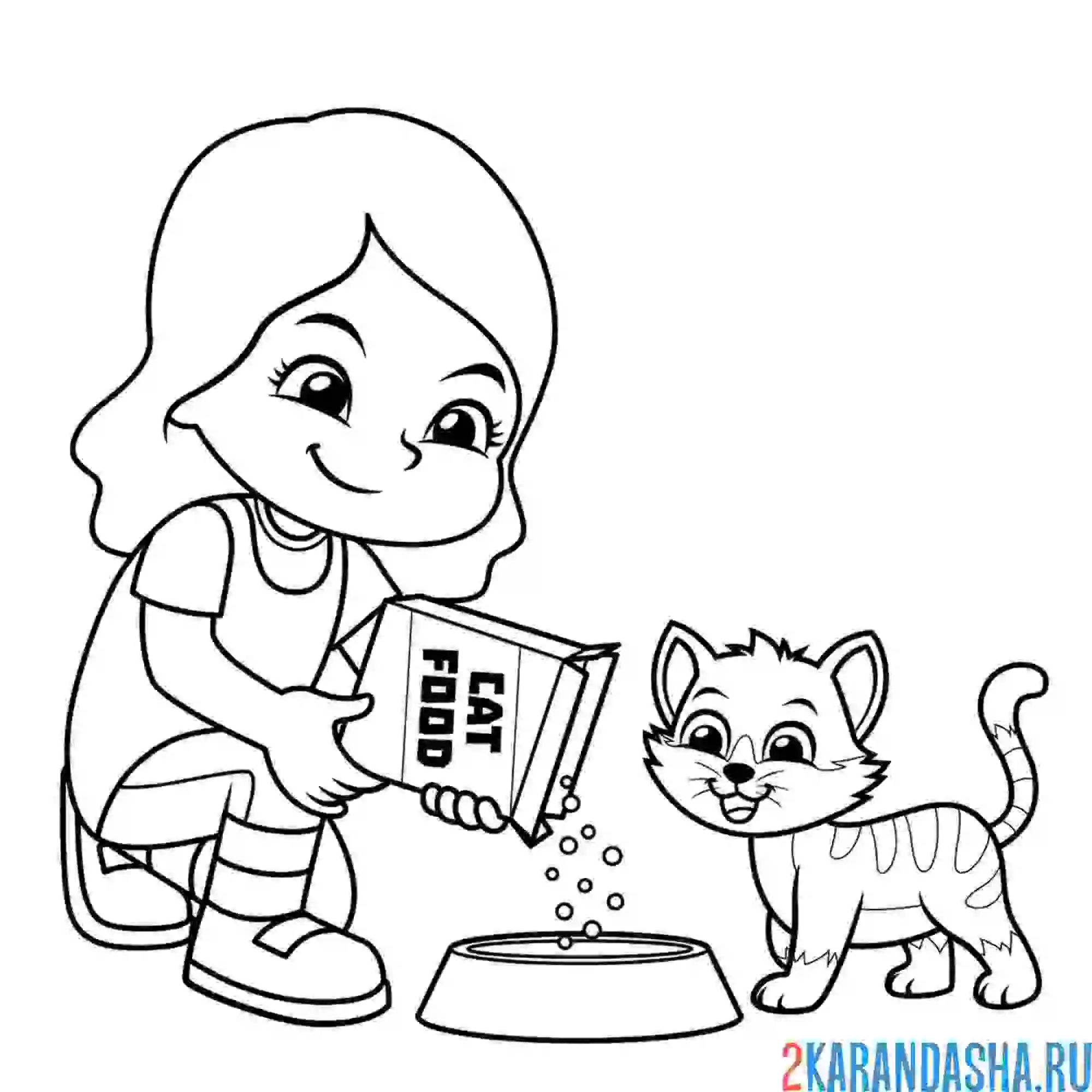 Раскраска девочка кормит котенка