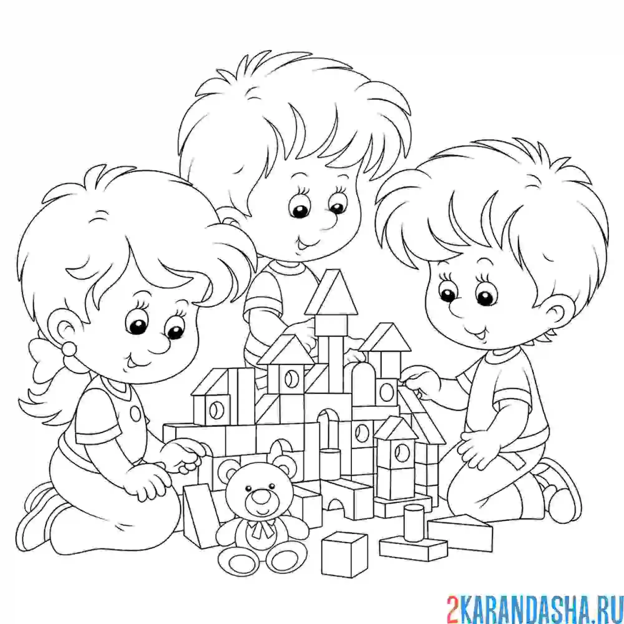 Раскраска дети играют в кубики