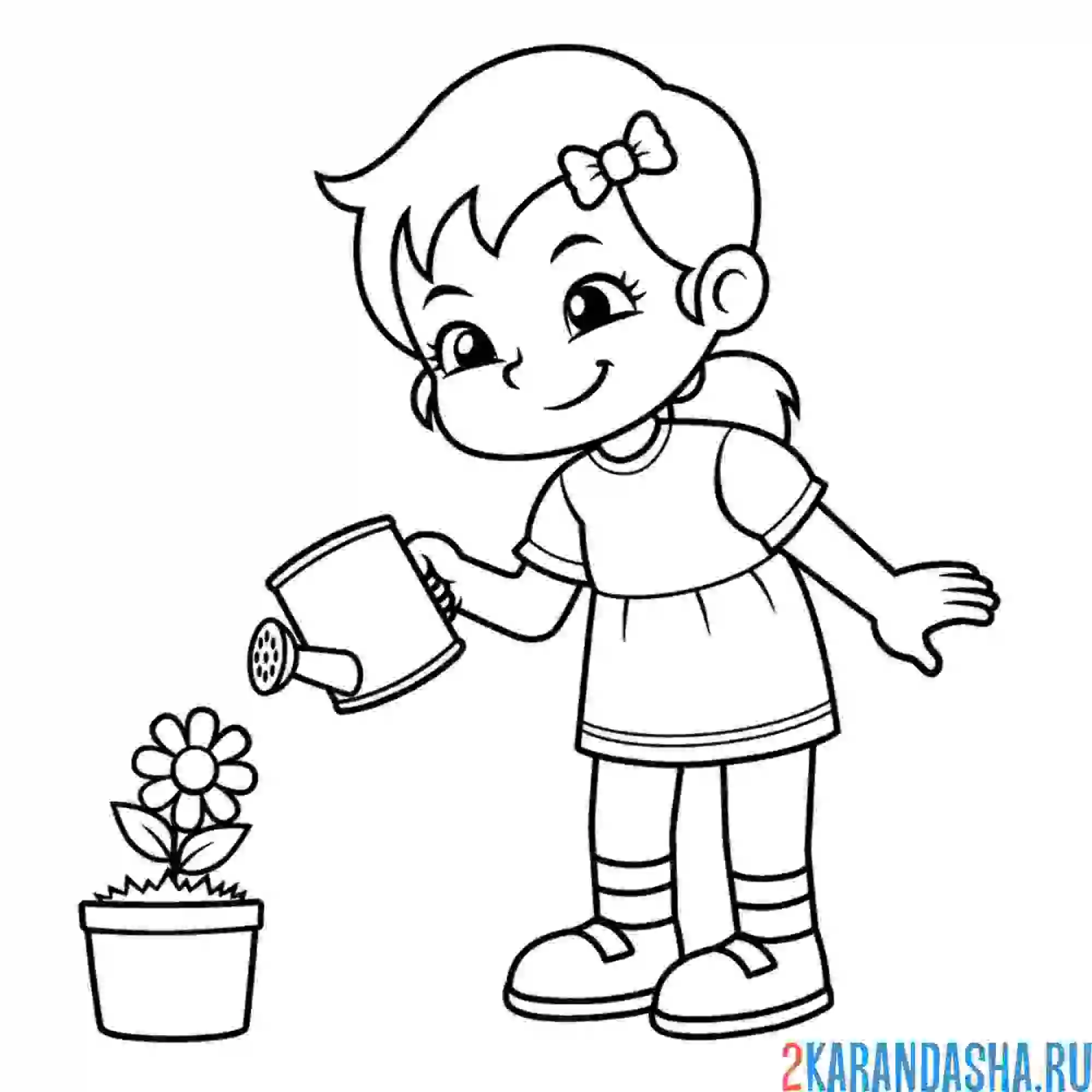 Раскраска девочка поливает цветы