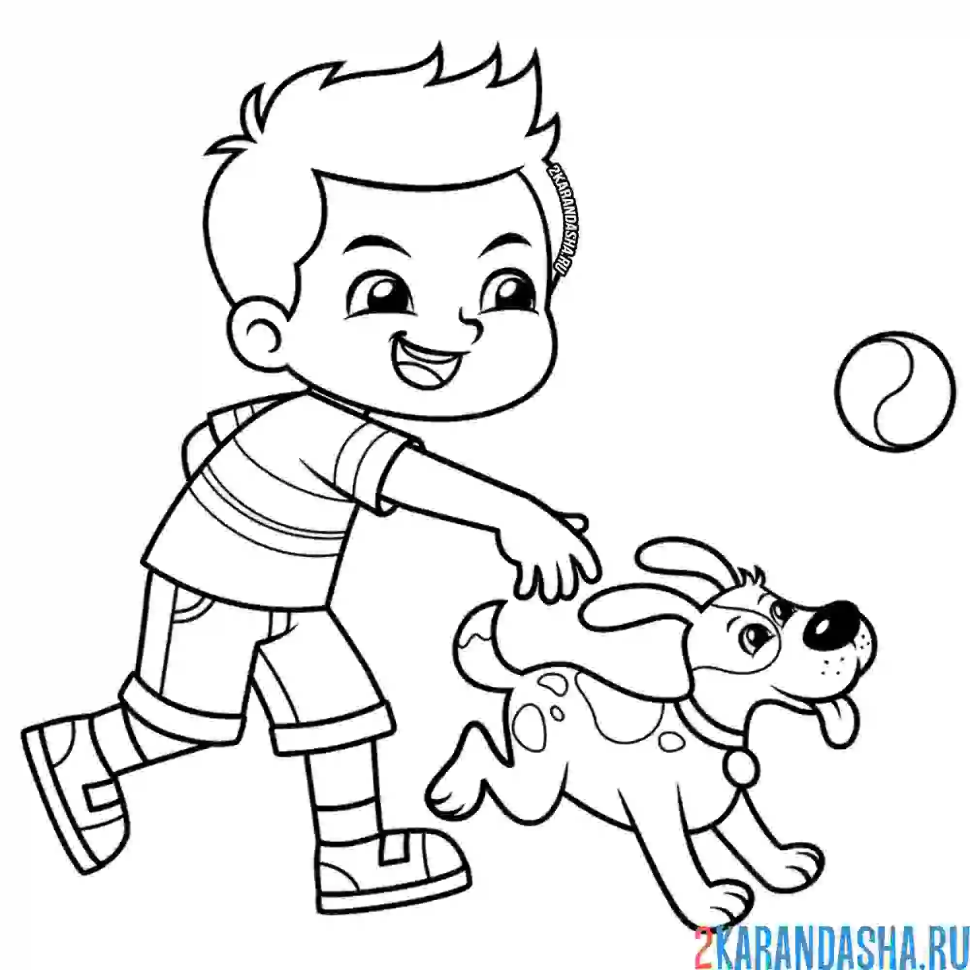 Раскраска мальчик играет с собакой