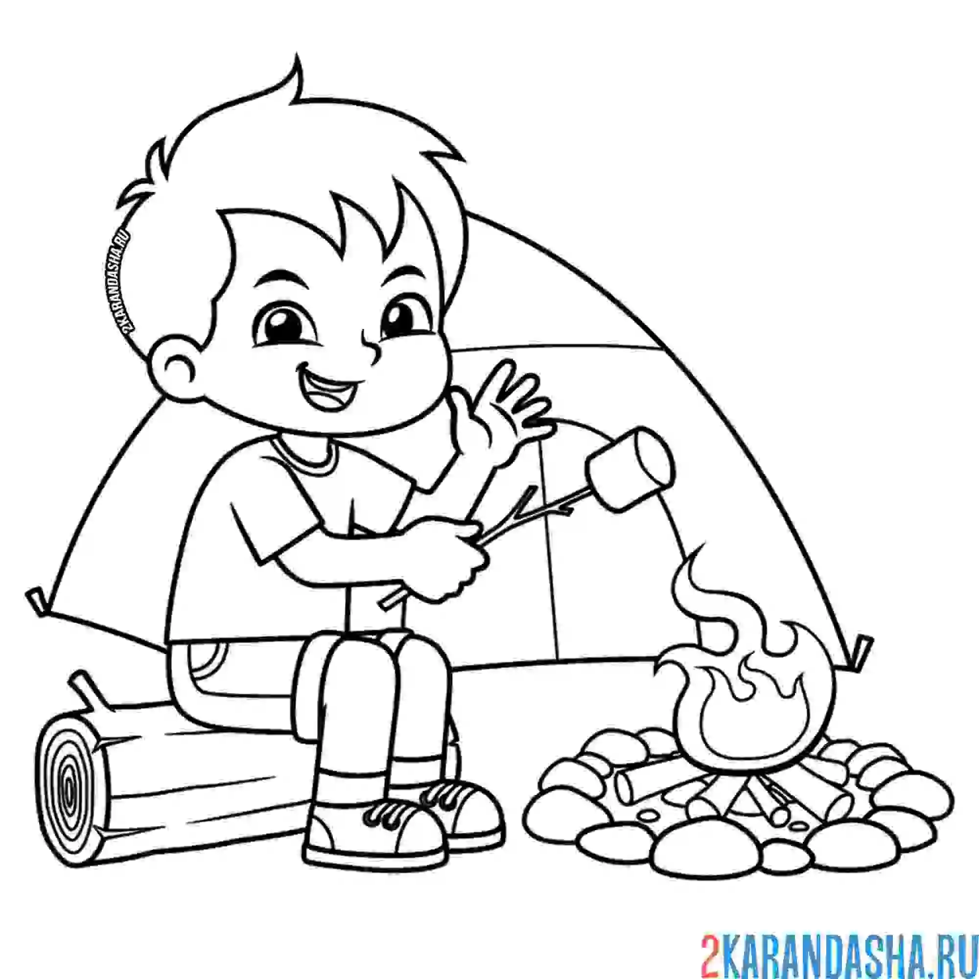 Раскраска мальчик с палаткой в походе