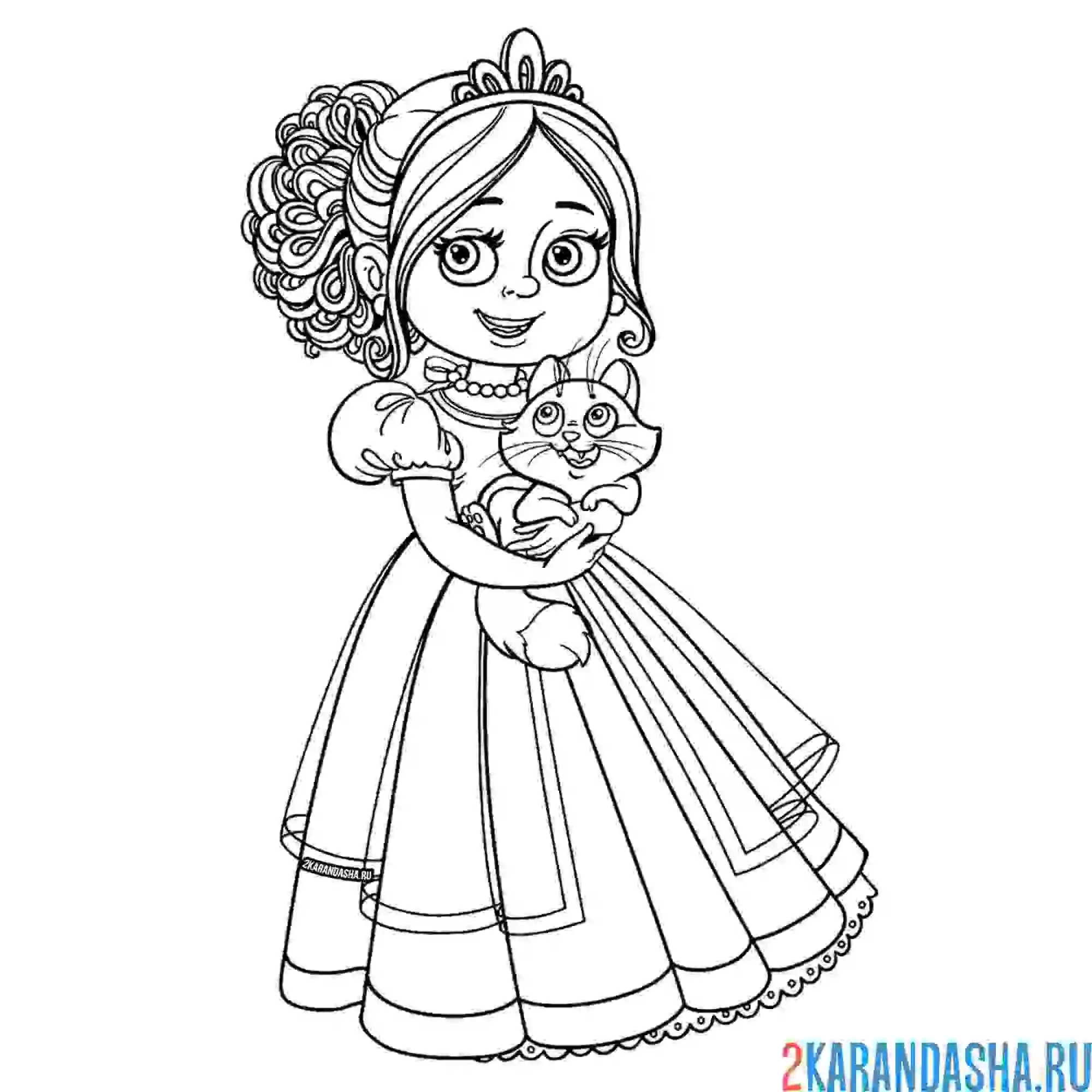 Раскраска девочка принцесса с котенком