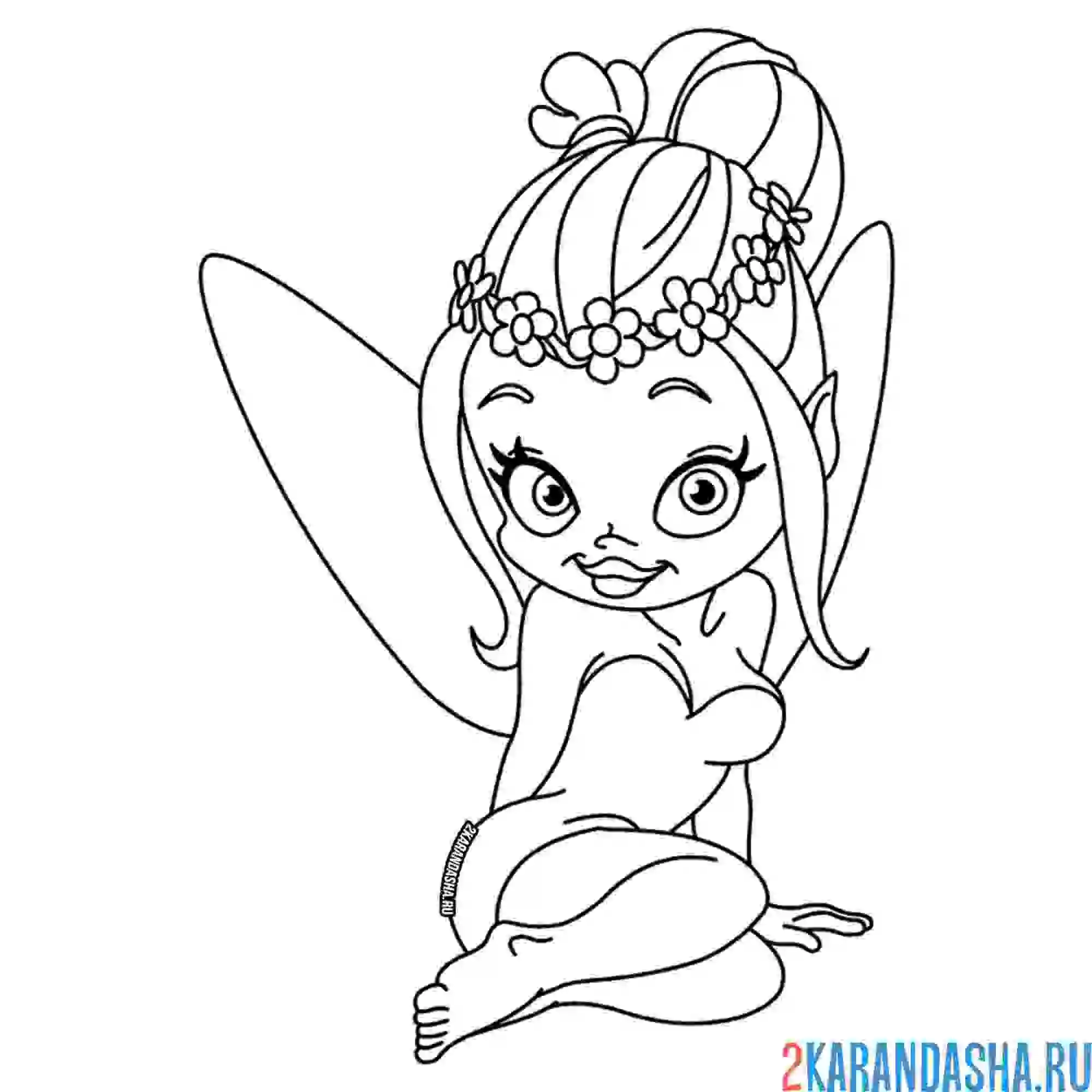 Раскраска добрая фея с цветами на голове