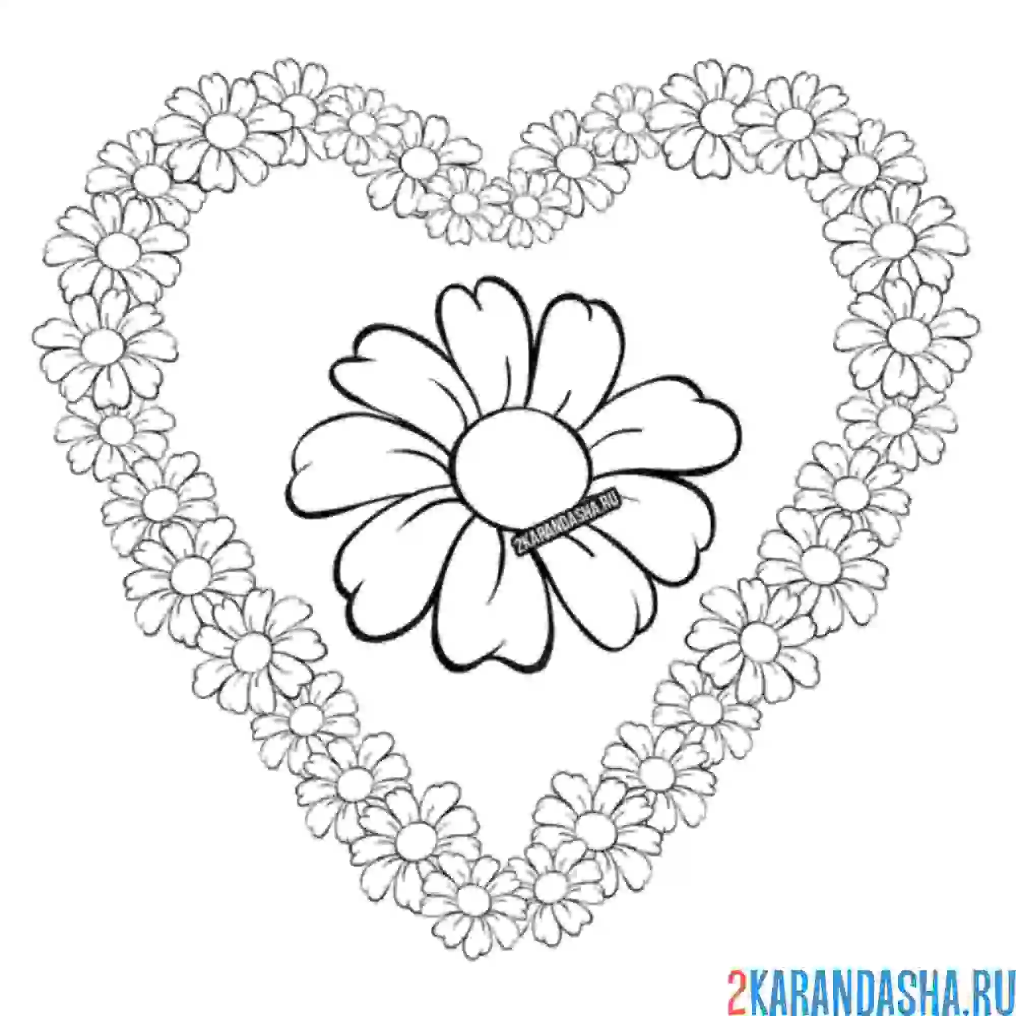 Раскраска сердце из ромашек