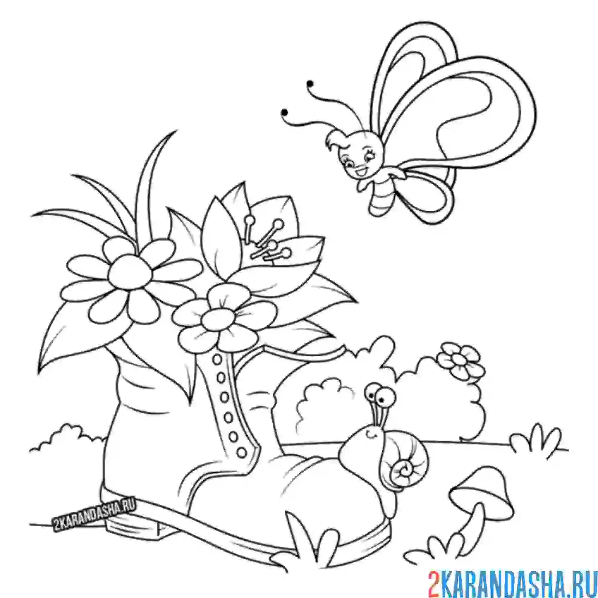 Раскраска бабочка и сапог с ромашками лето