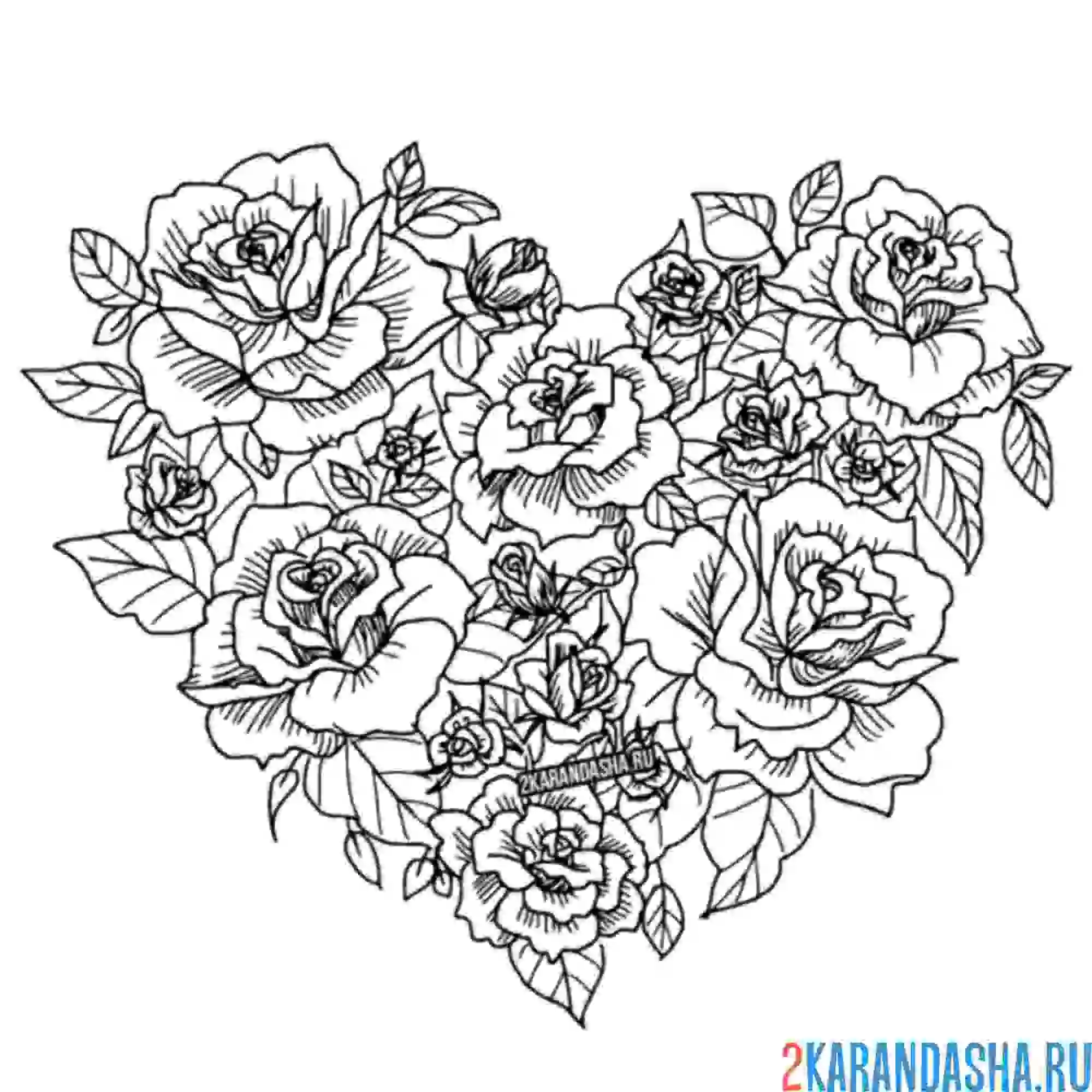 Раскраска сердце из роз