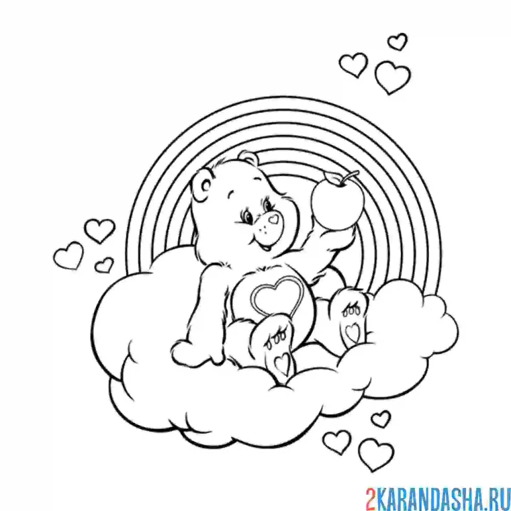 Раскраска мишка на облаке и радуга