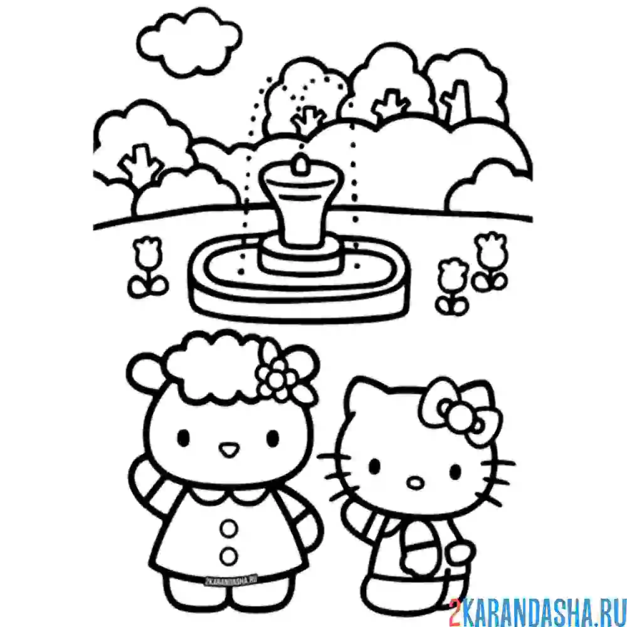Раскраска хелло китти у фонтана