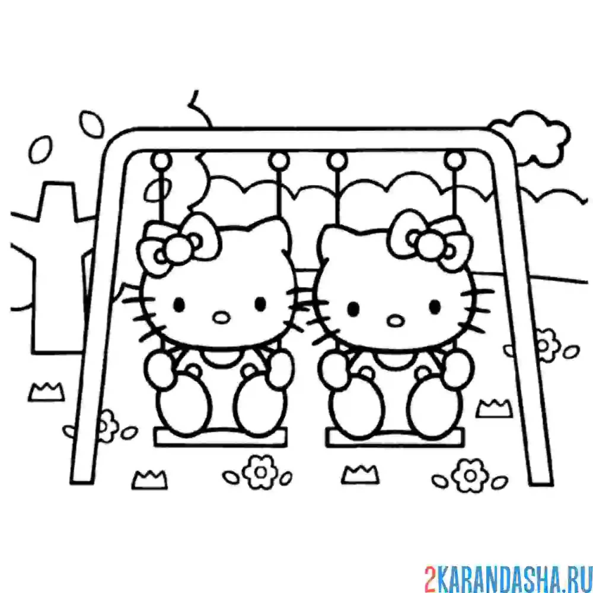 Раскраска хелло китти на качелях с сестрой