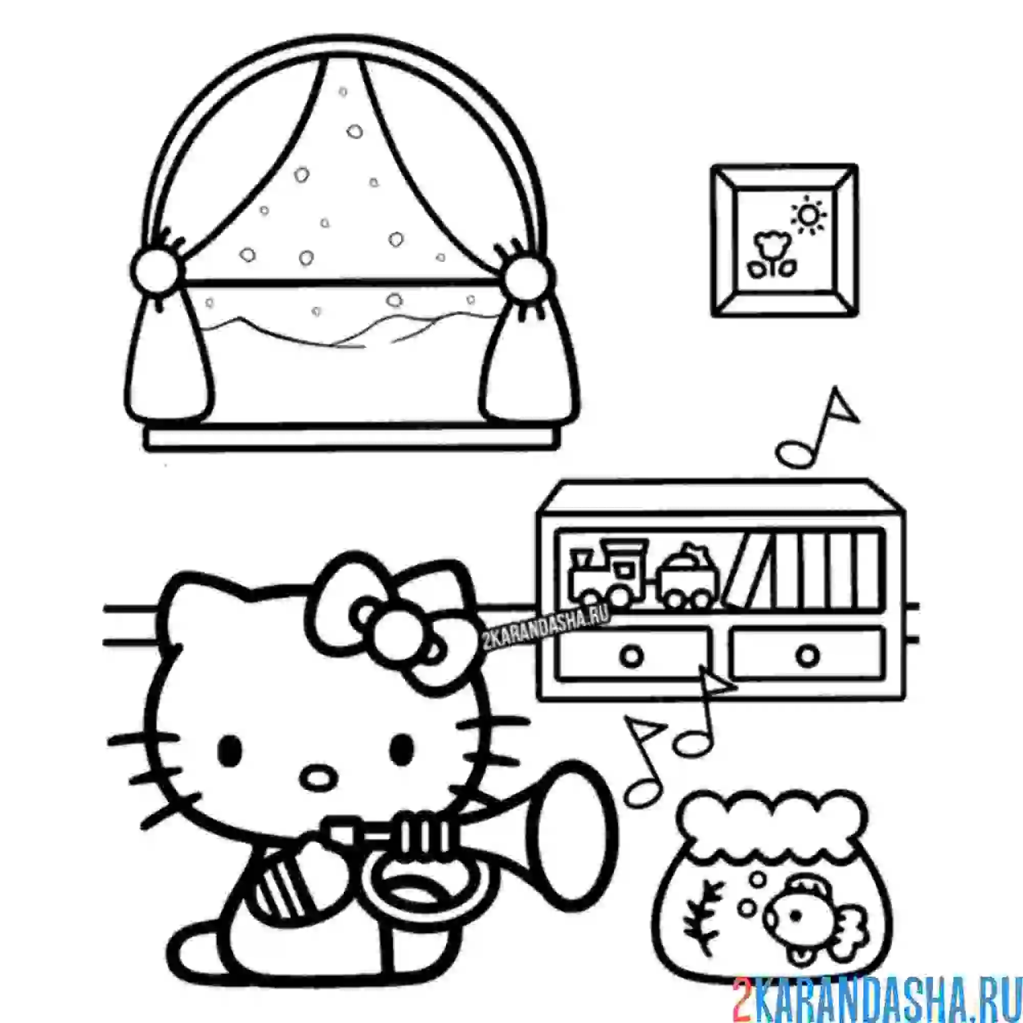 Раскраска хелло китти играет на трубе