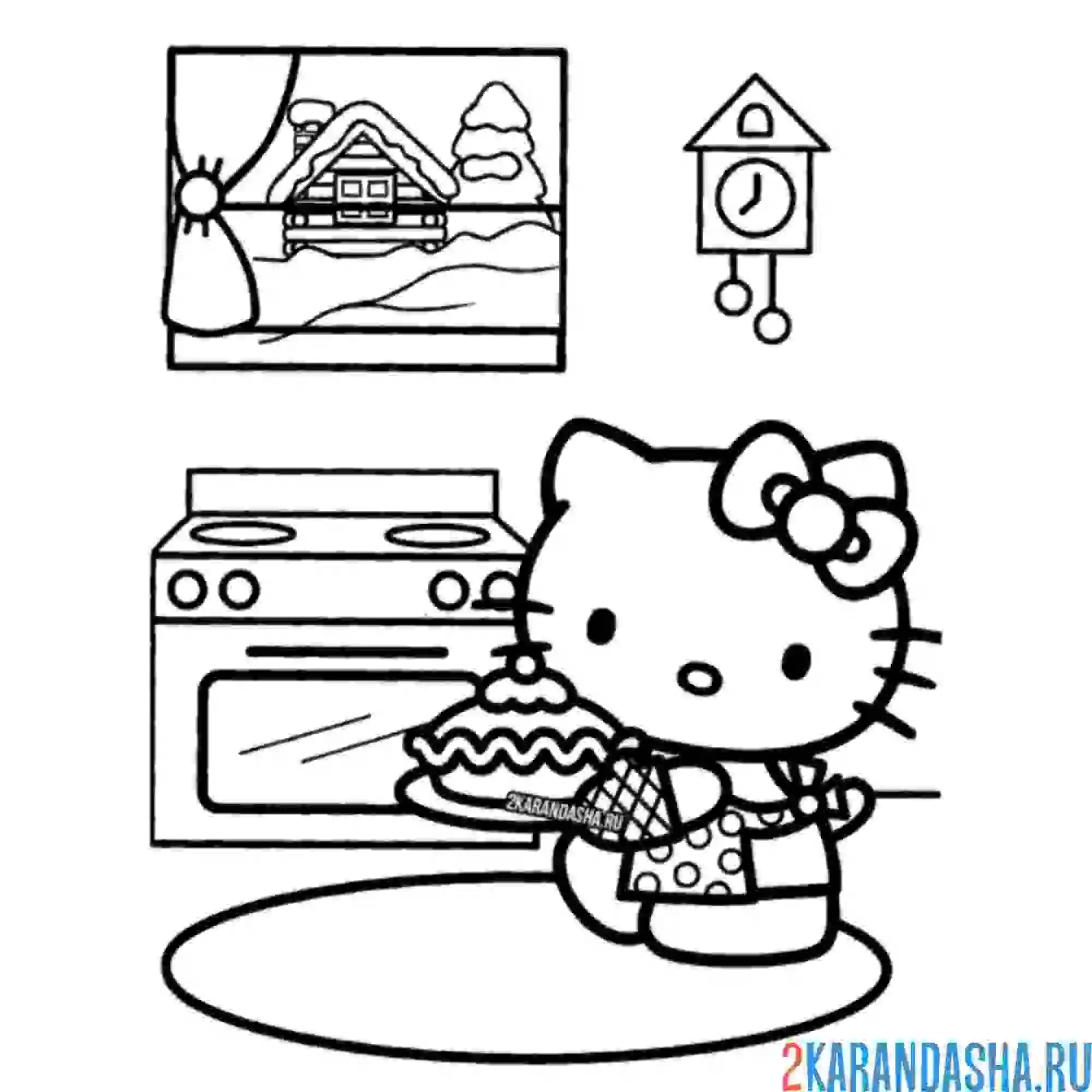 Раскраска хелло китти печет торт