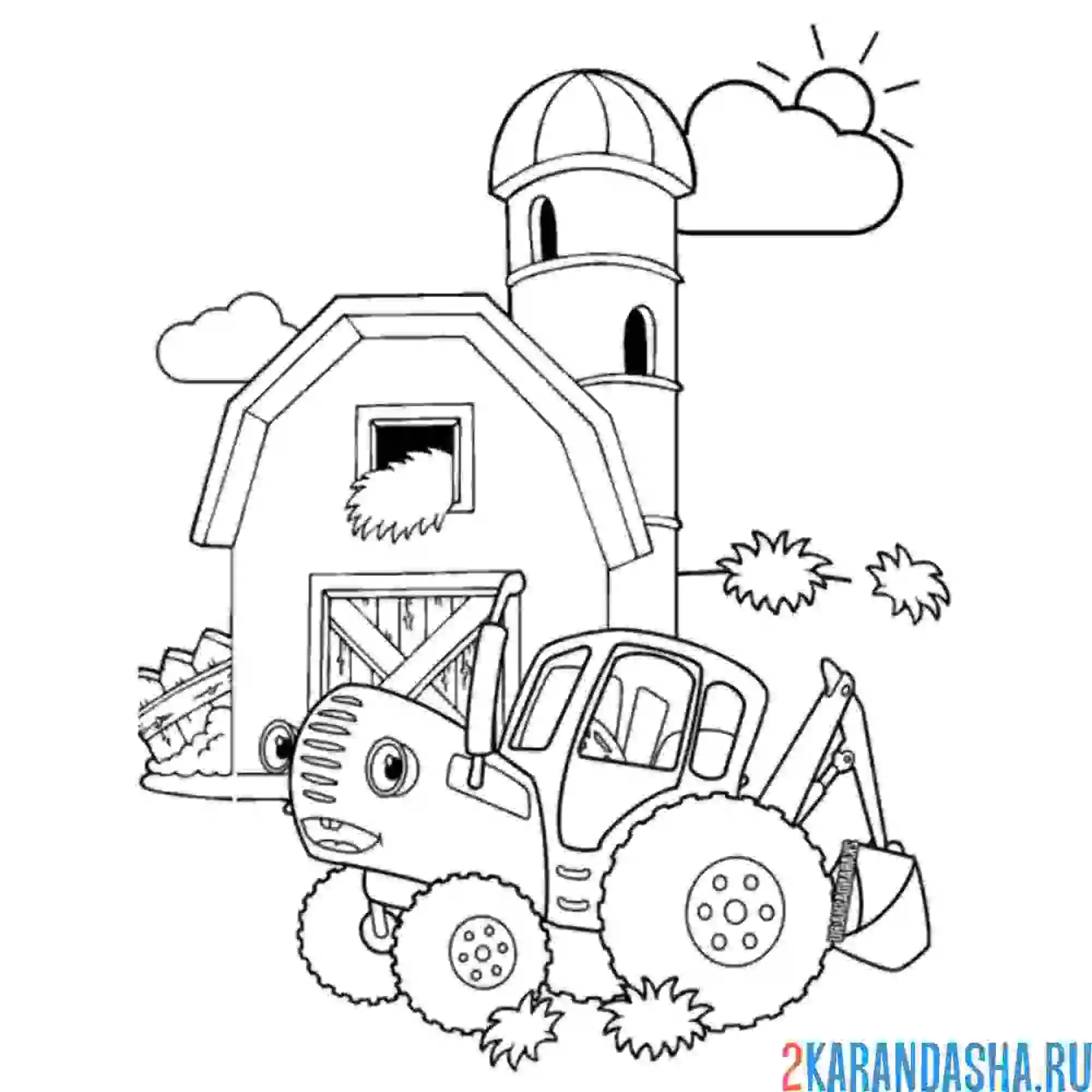 Раскраска синий трактор на ферме