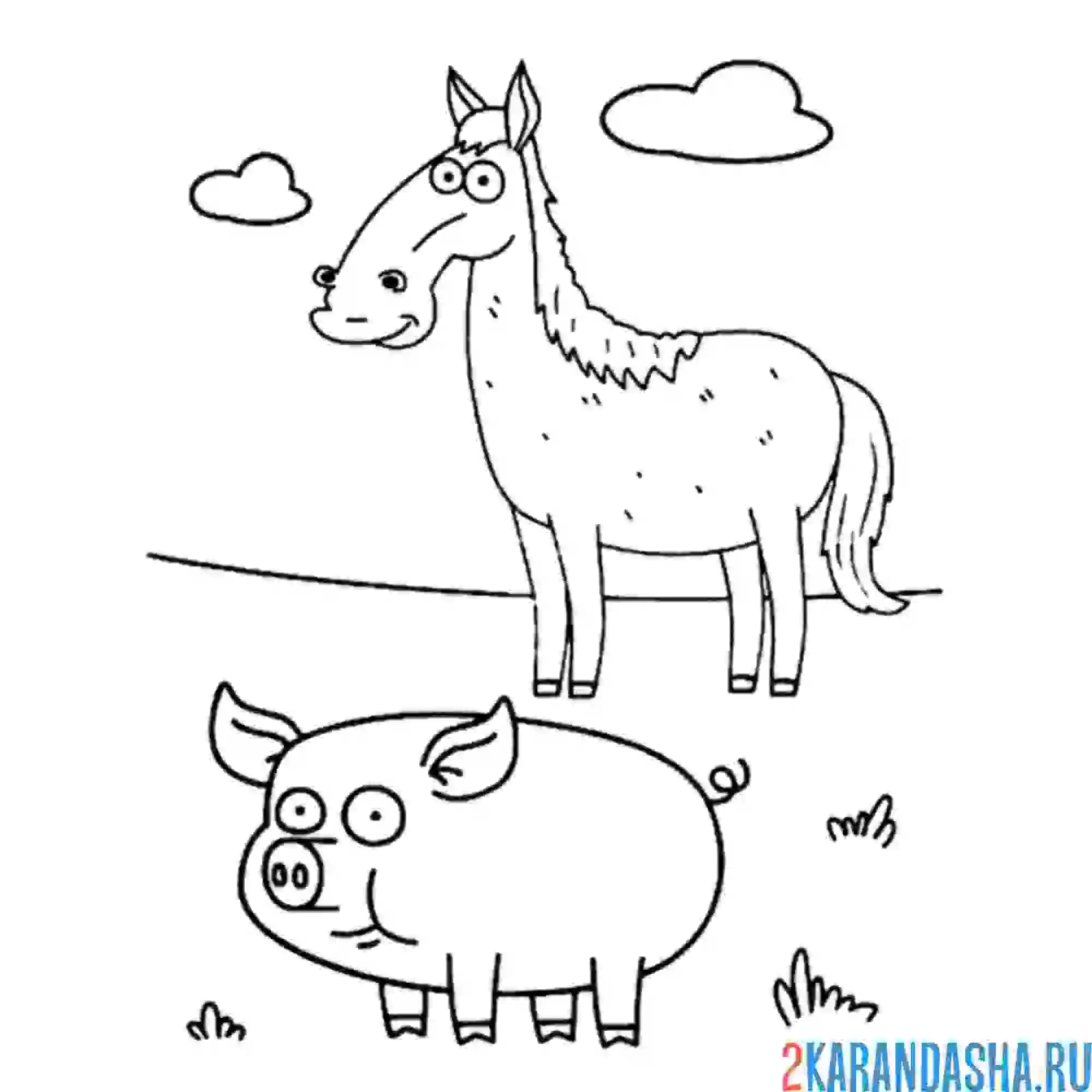 Раскраска хрюшка и лошадь фермы