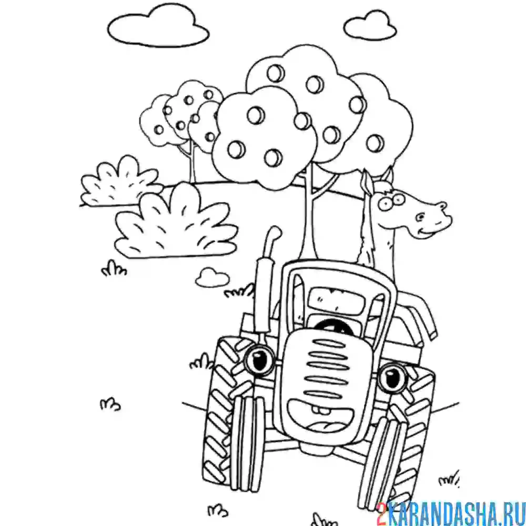 Раскраска синий трактор мчится по лесу