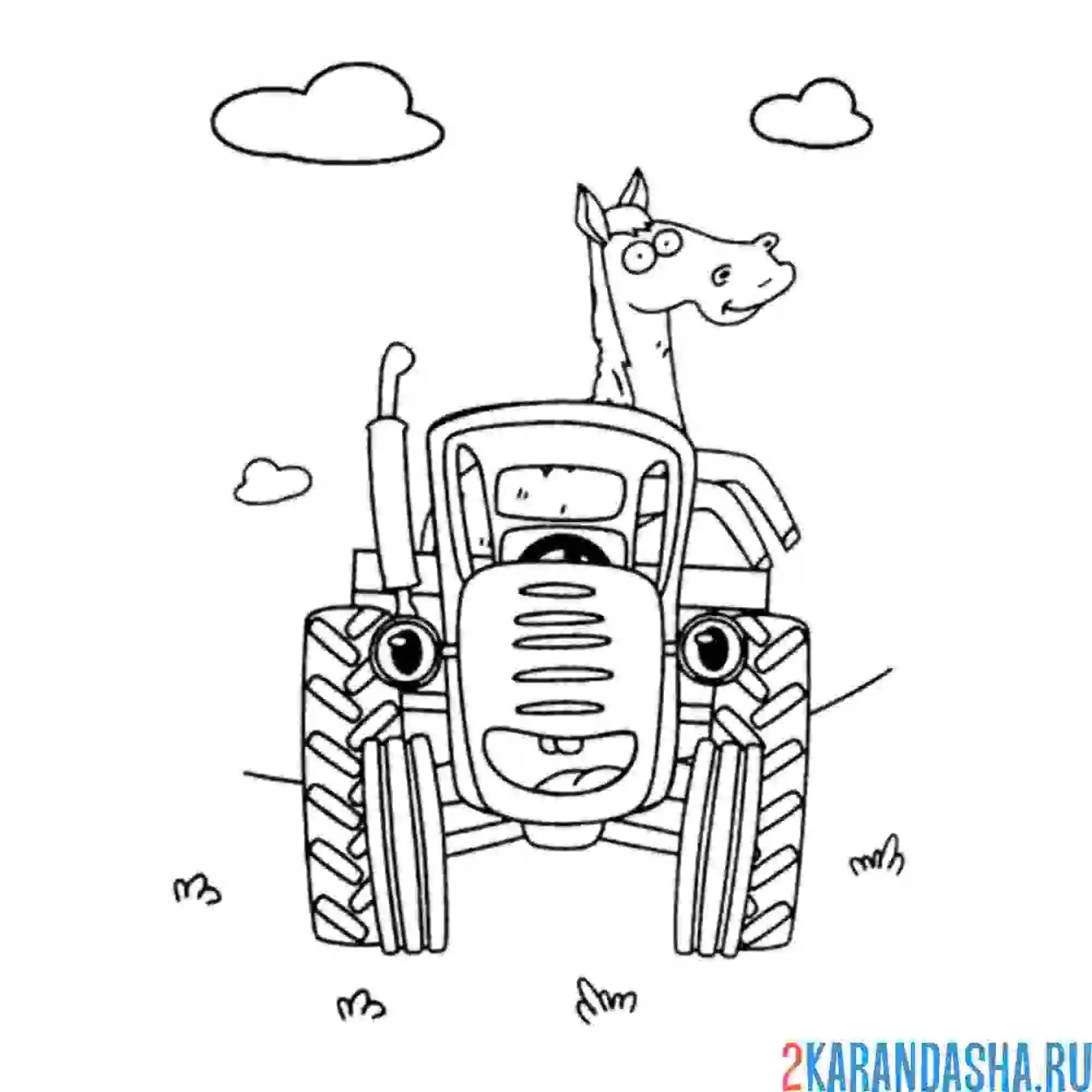 Раскраска синий трактор с лошадью