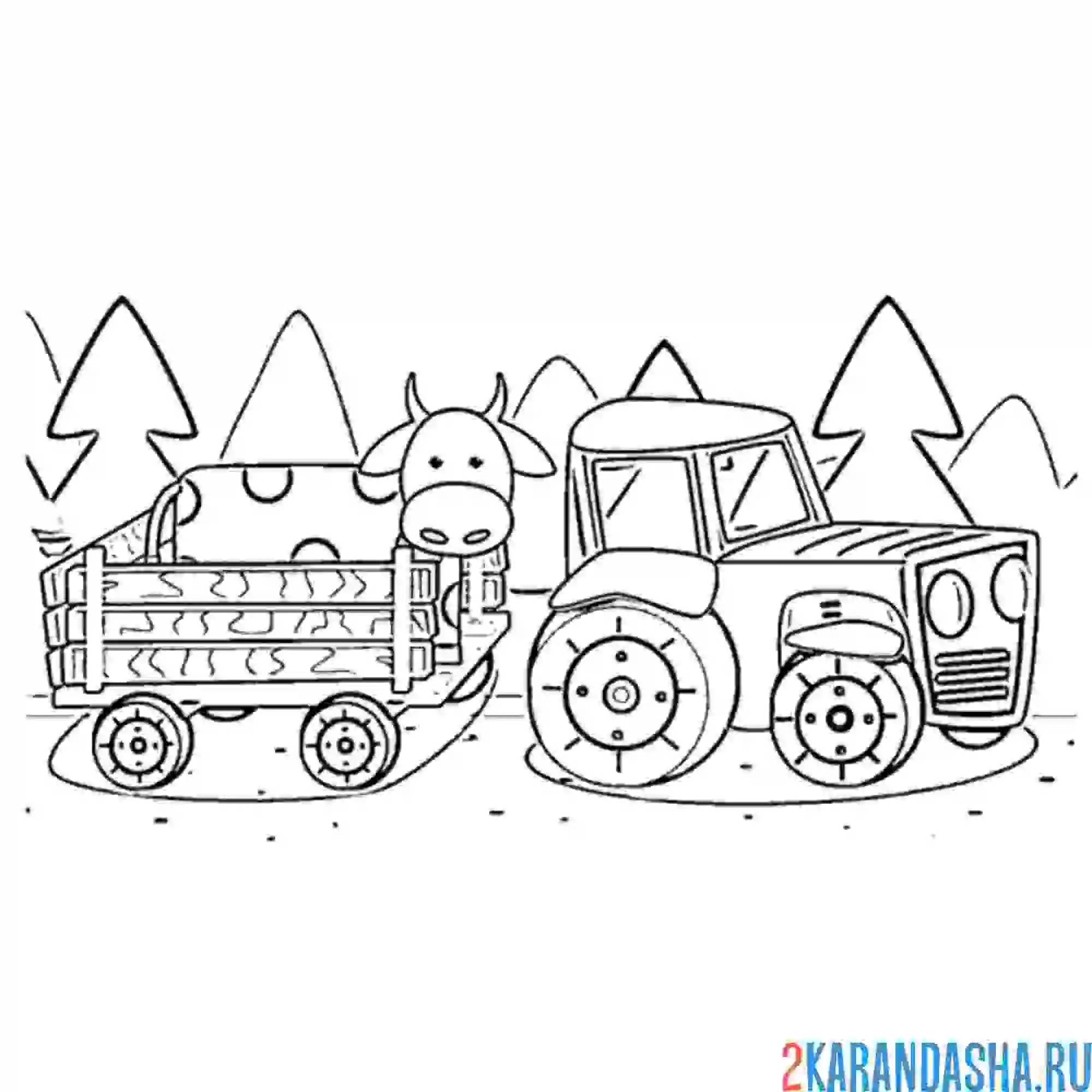 Раскраска синий трактор с прицепом в лесу