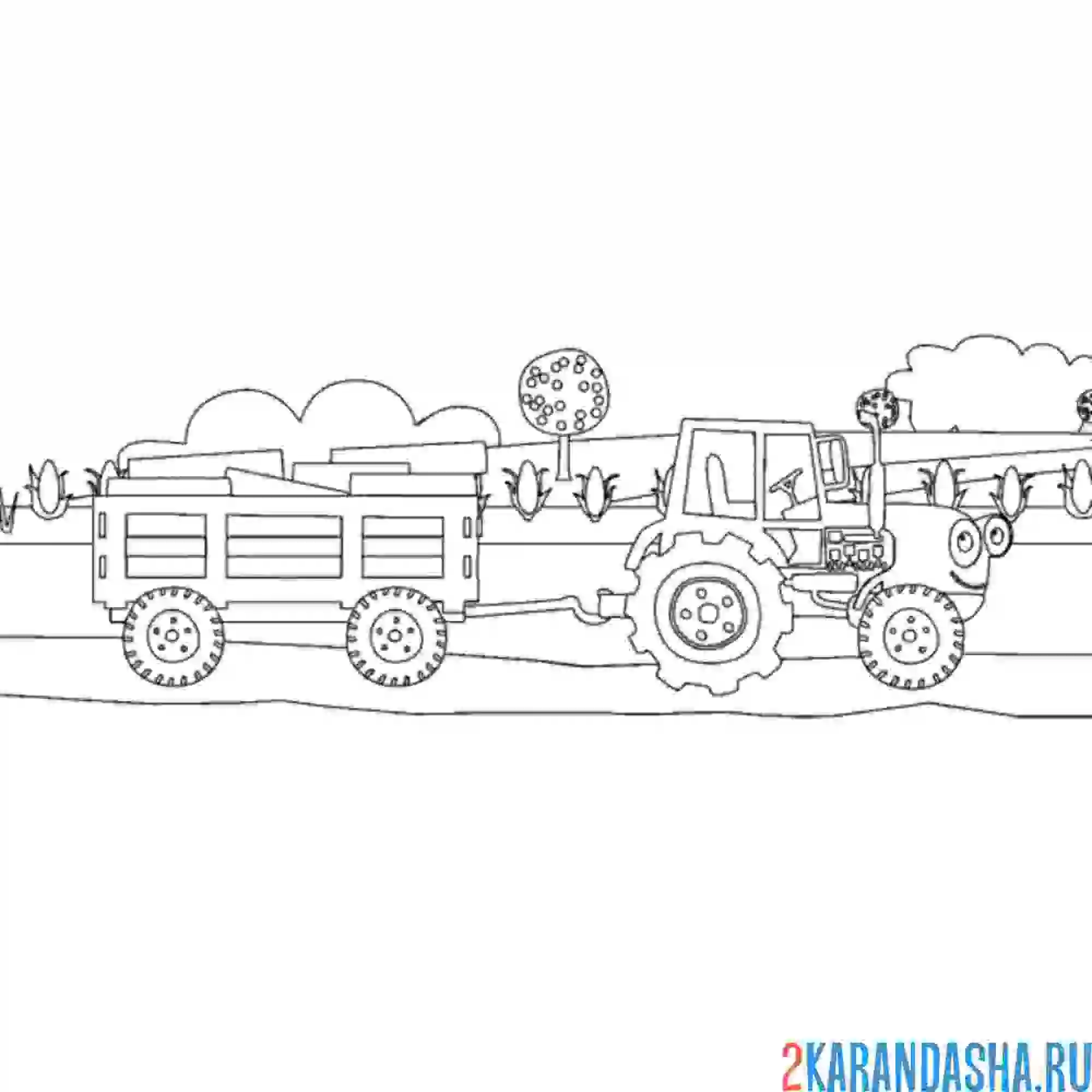 Раскраска синий трактор работает в поле