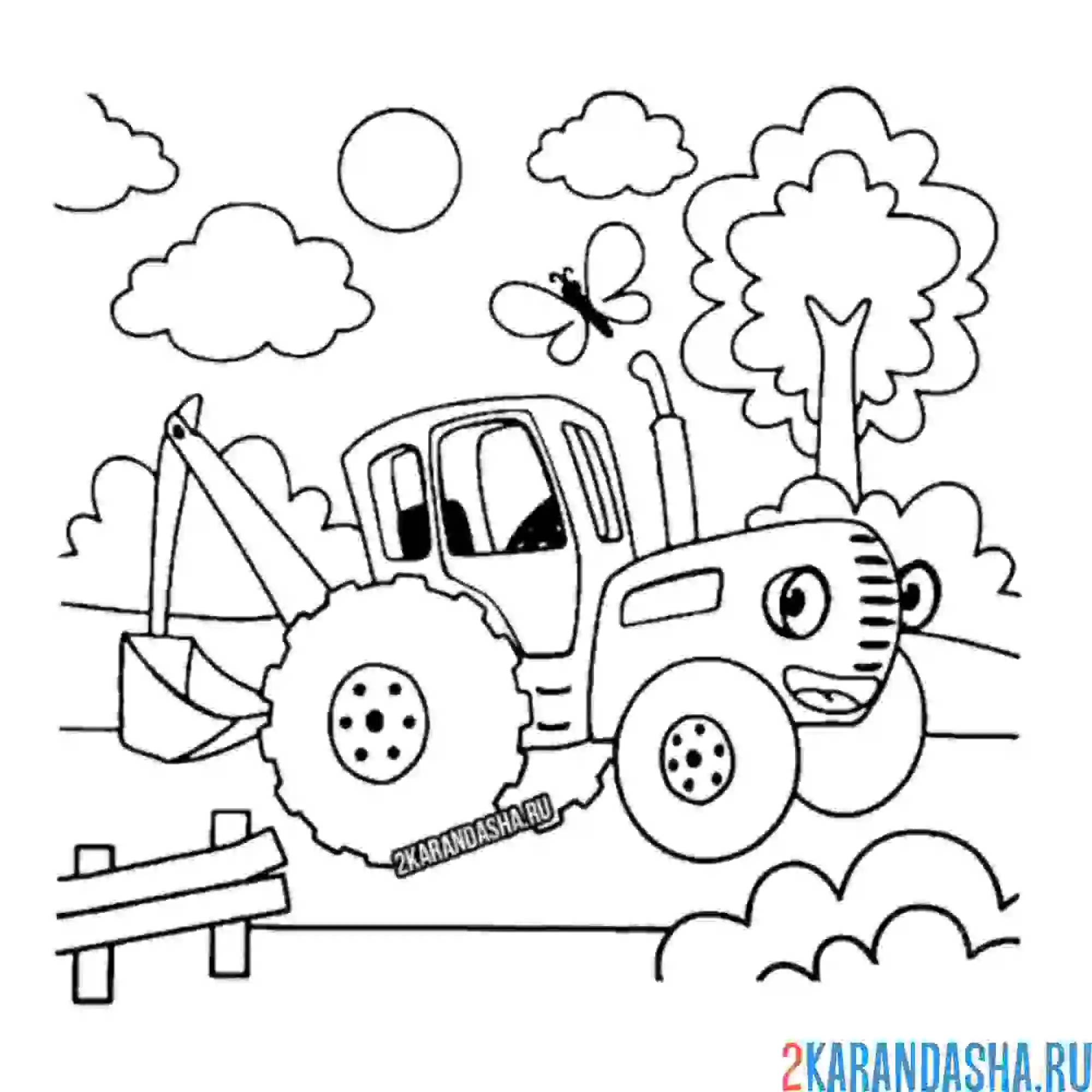 Раскраска синий трактор мчится на работу