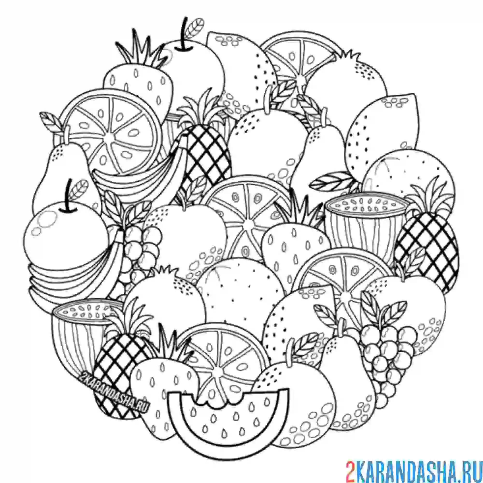 Раскраска много фруктов