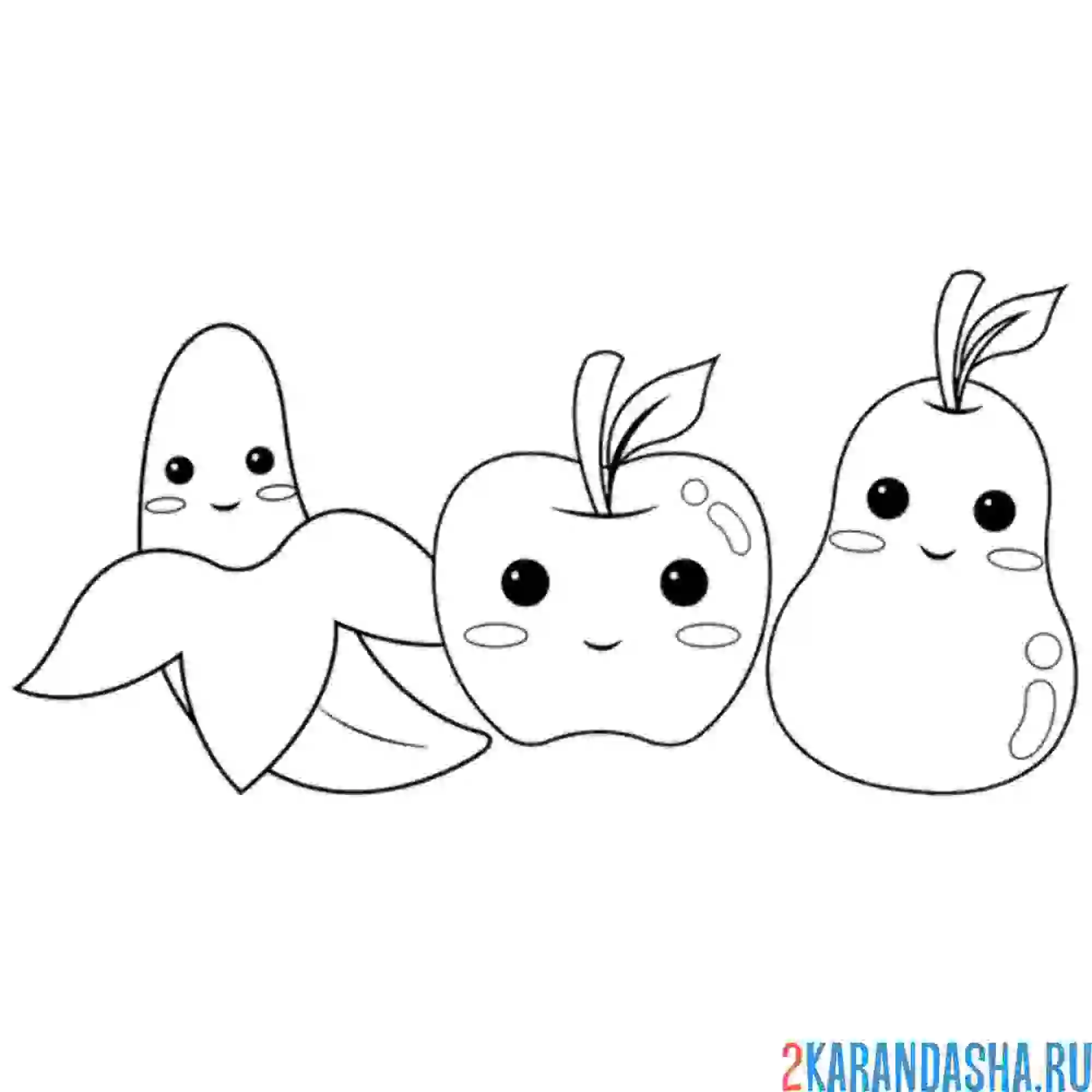 Раскраска банан, яблоко и груша с глазками