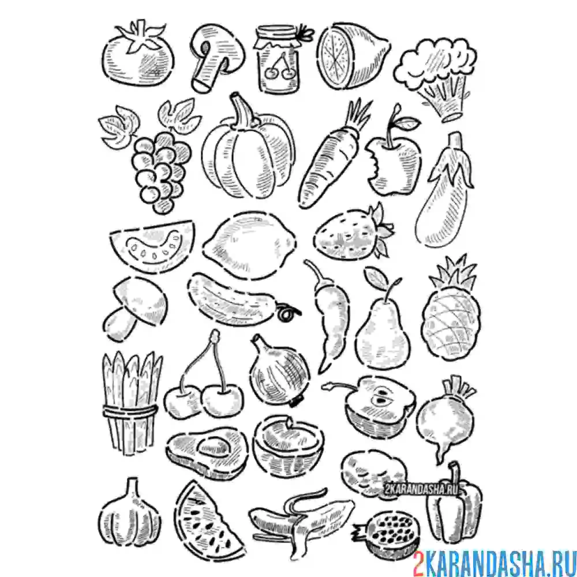 Раскраска много овощей и фруктов