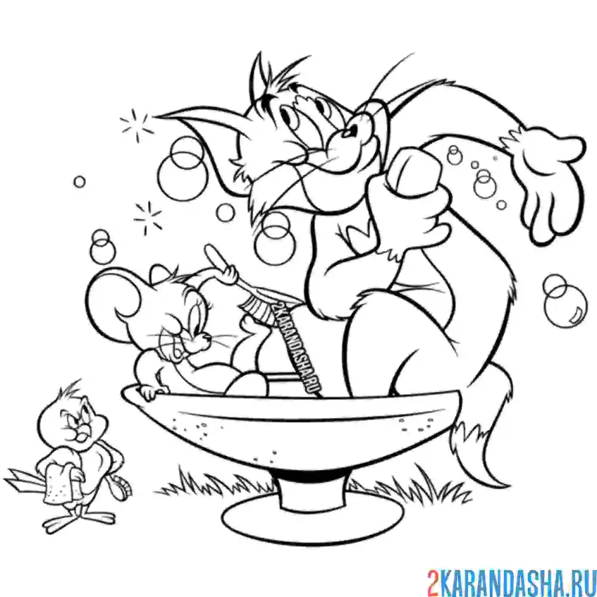 Раскраска том и джерри купаются в фонтане