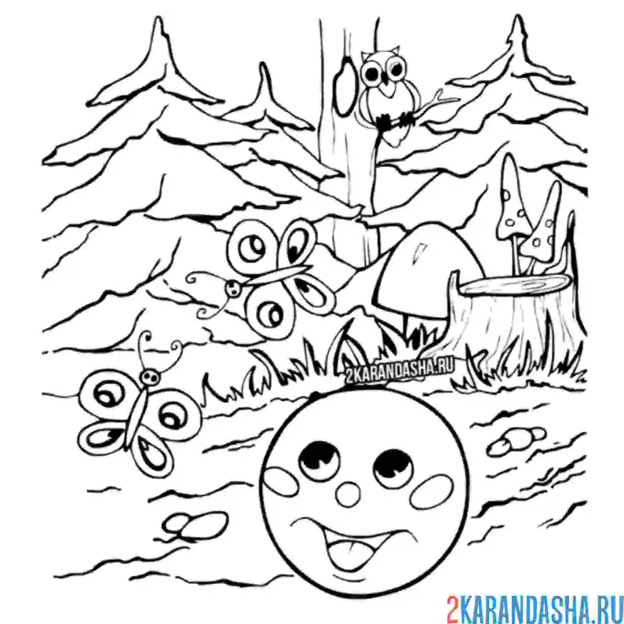 Раскраска колобок смотрит лес