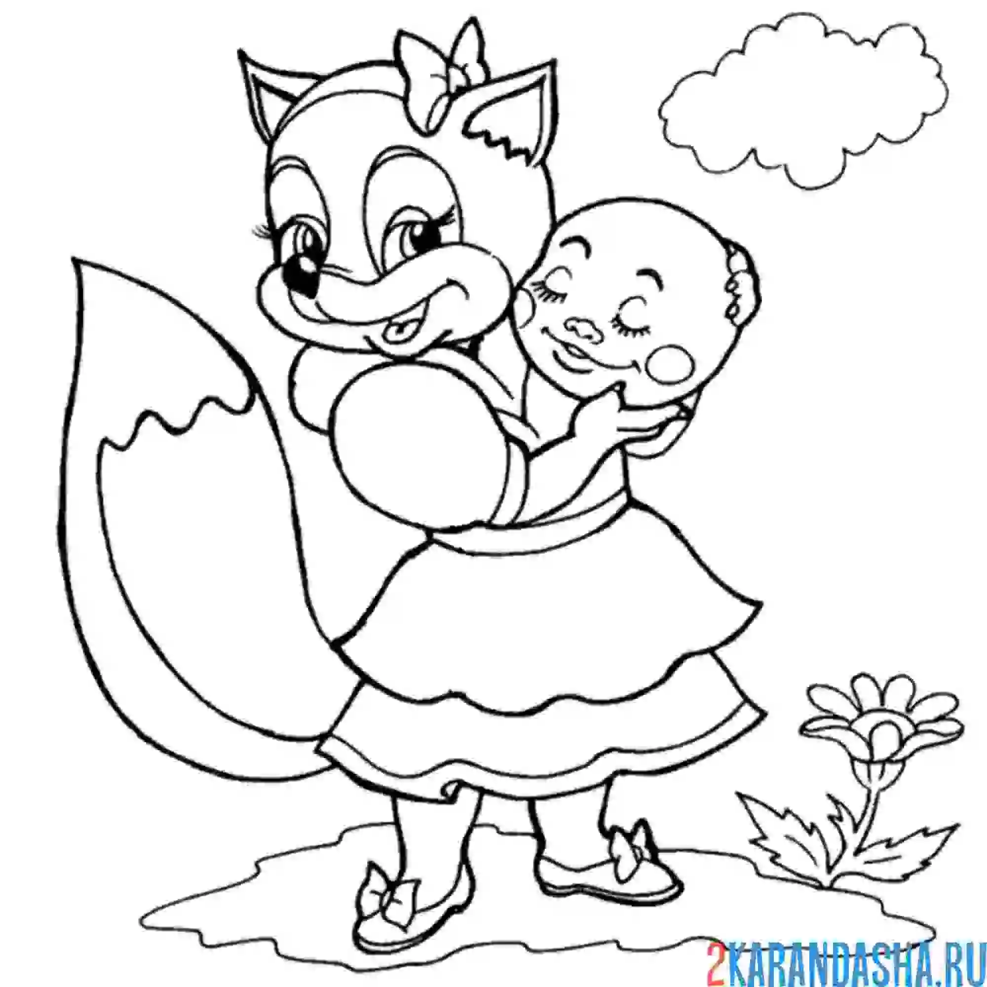 Раскраска лиса держит колобка