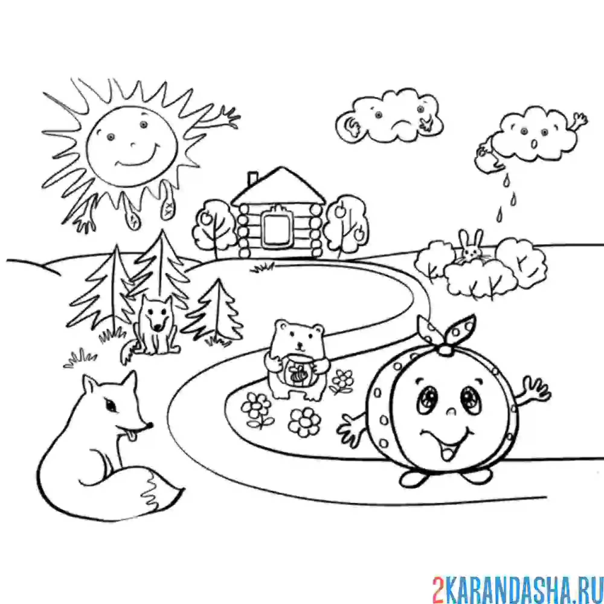 Раскраска колобок покатился в лес