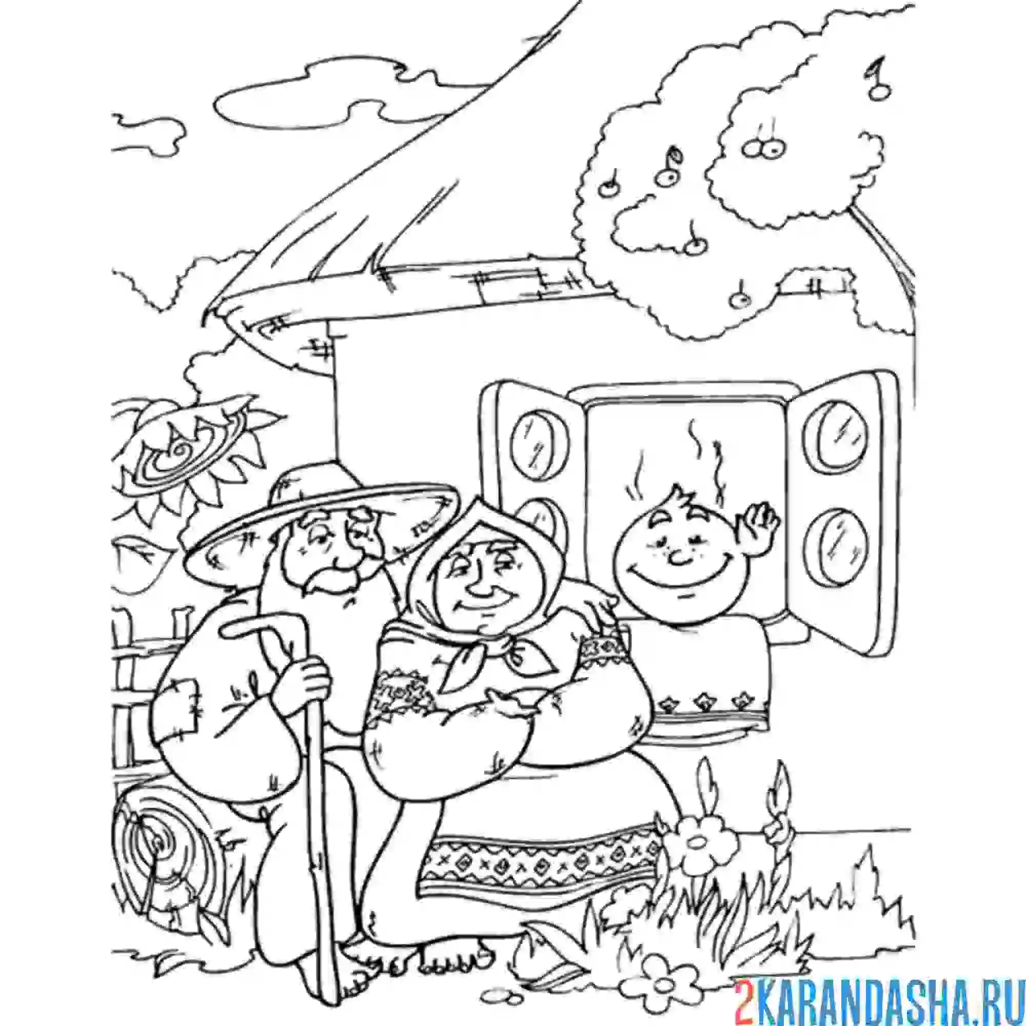 Раскраска колобок, бабушка и дедушка