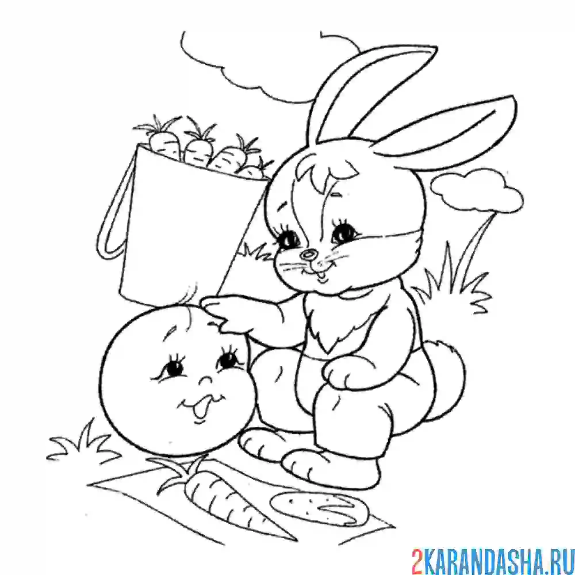 Раскраска колобок разговаривает с зайцем