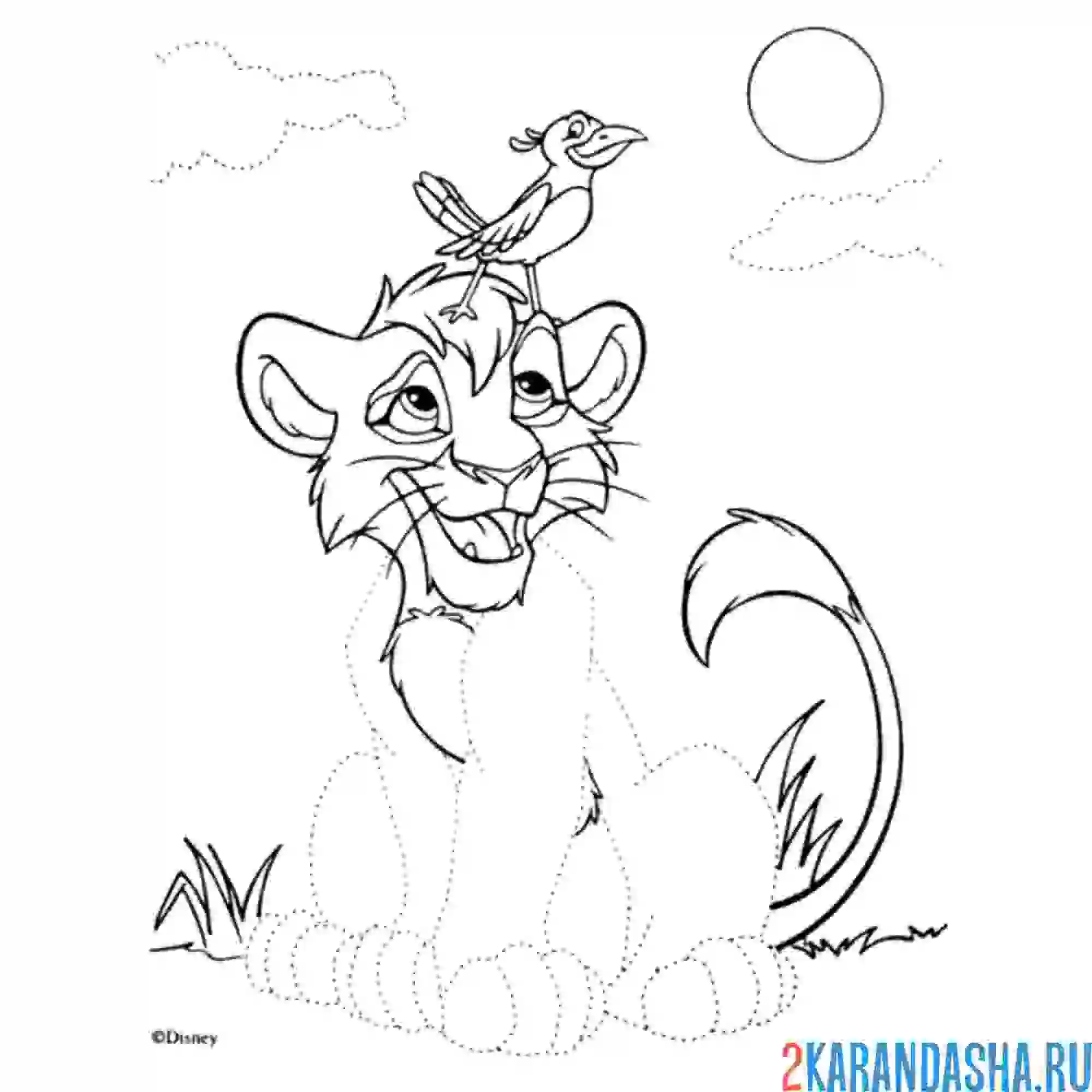 Раскраска симба король лев и птичка
