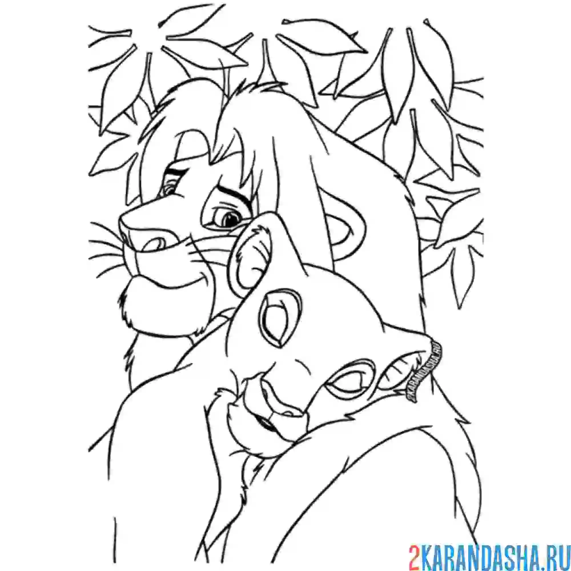 Раскраска король лев любовь муфаса и сараби