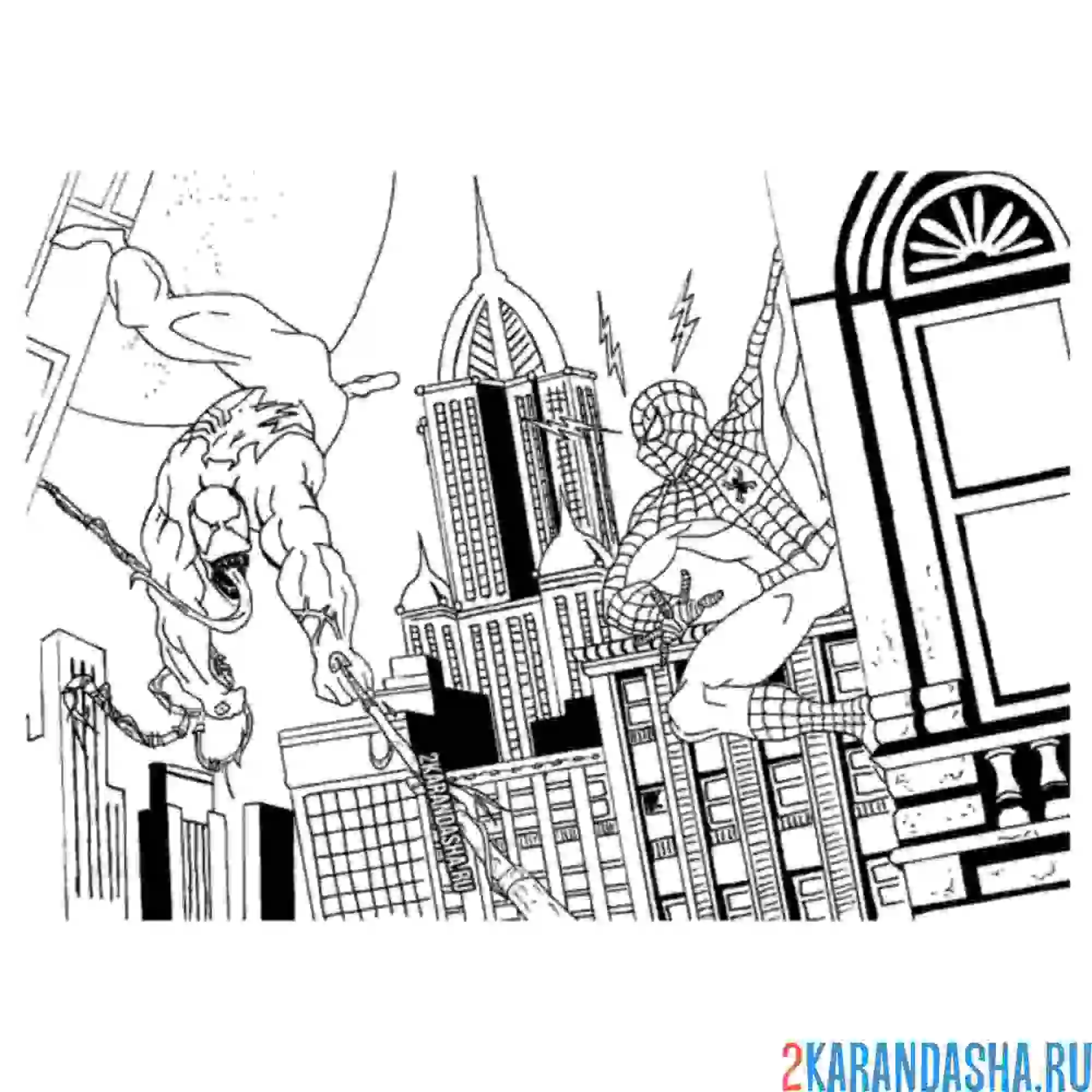 Раскраска веном и человек-паук в городе