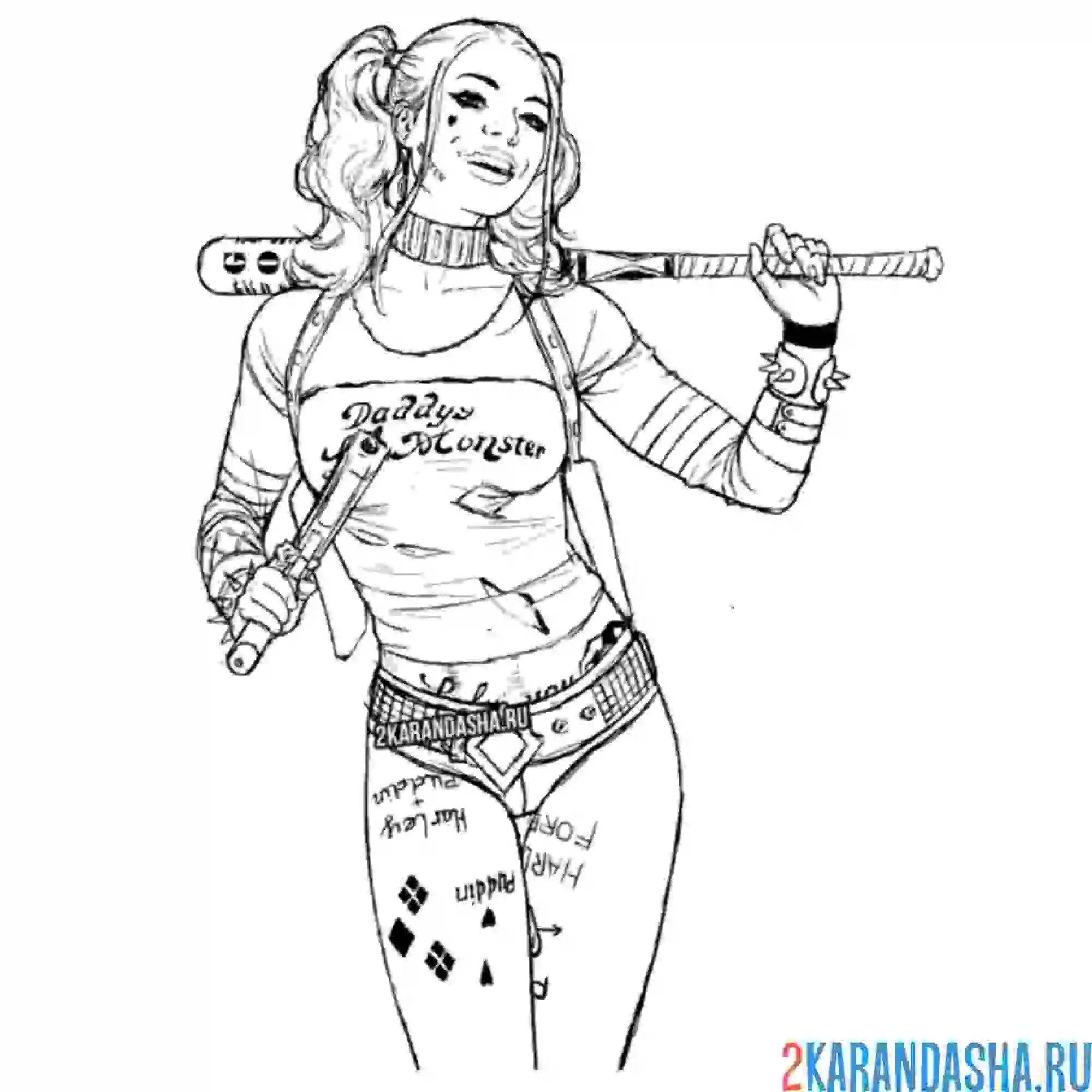 Раскраска харли квинн с битой за спиной