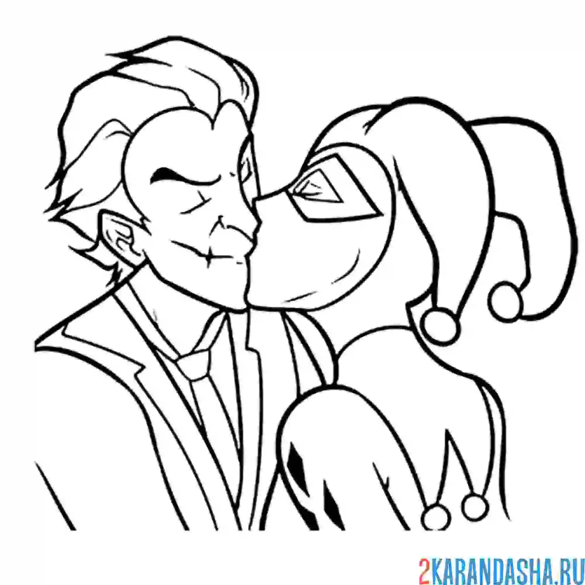 Раскраска харли квинн целует джокера