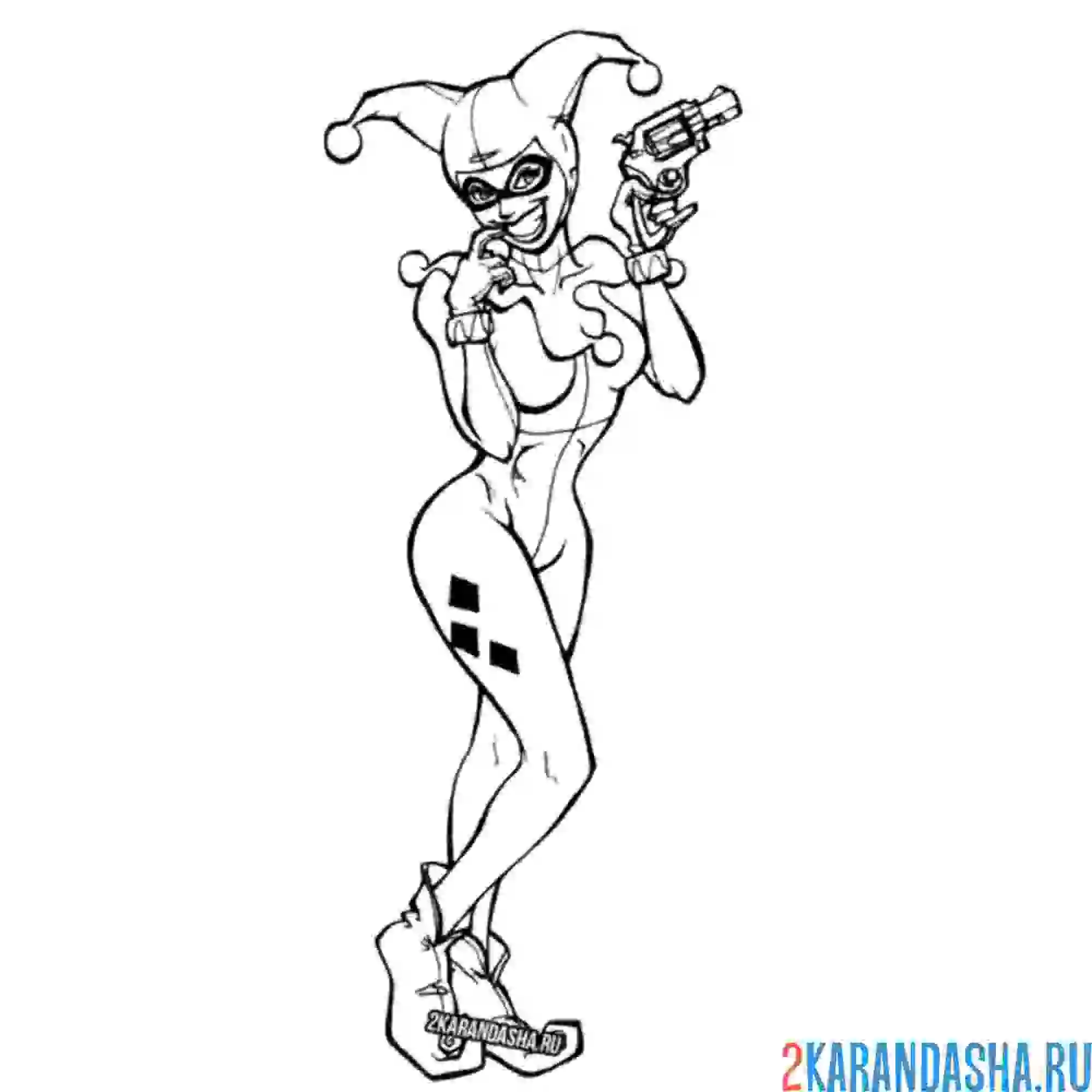 Раскраска харли квинн в костюме шута и пистолет